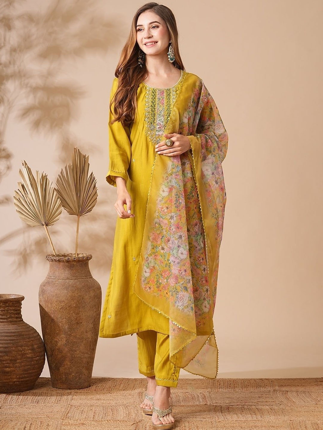 

BESUCHER Floral Embroidered Chanderi Cotton Straight Kurta With Trouser & Dupatta, Mustard