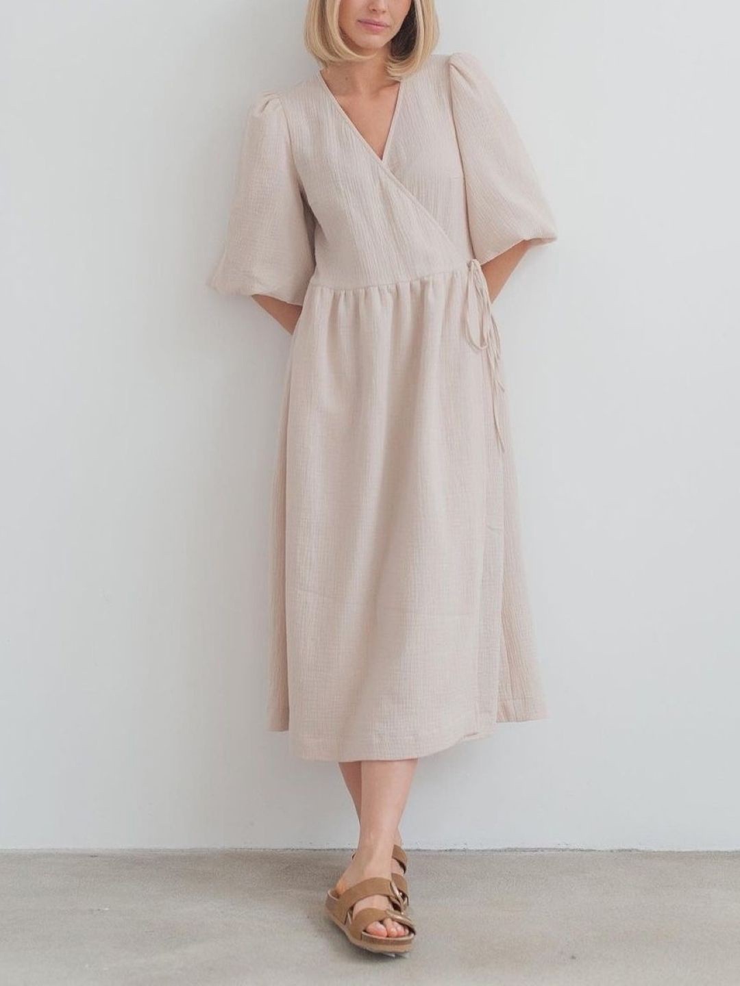 

StyleCast Cotton V-Neck Puff Sleeve Wrap Midi Dress With Tie-Ups, Beige