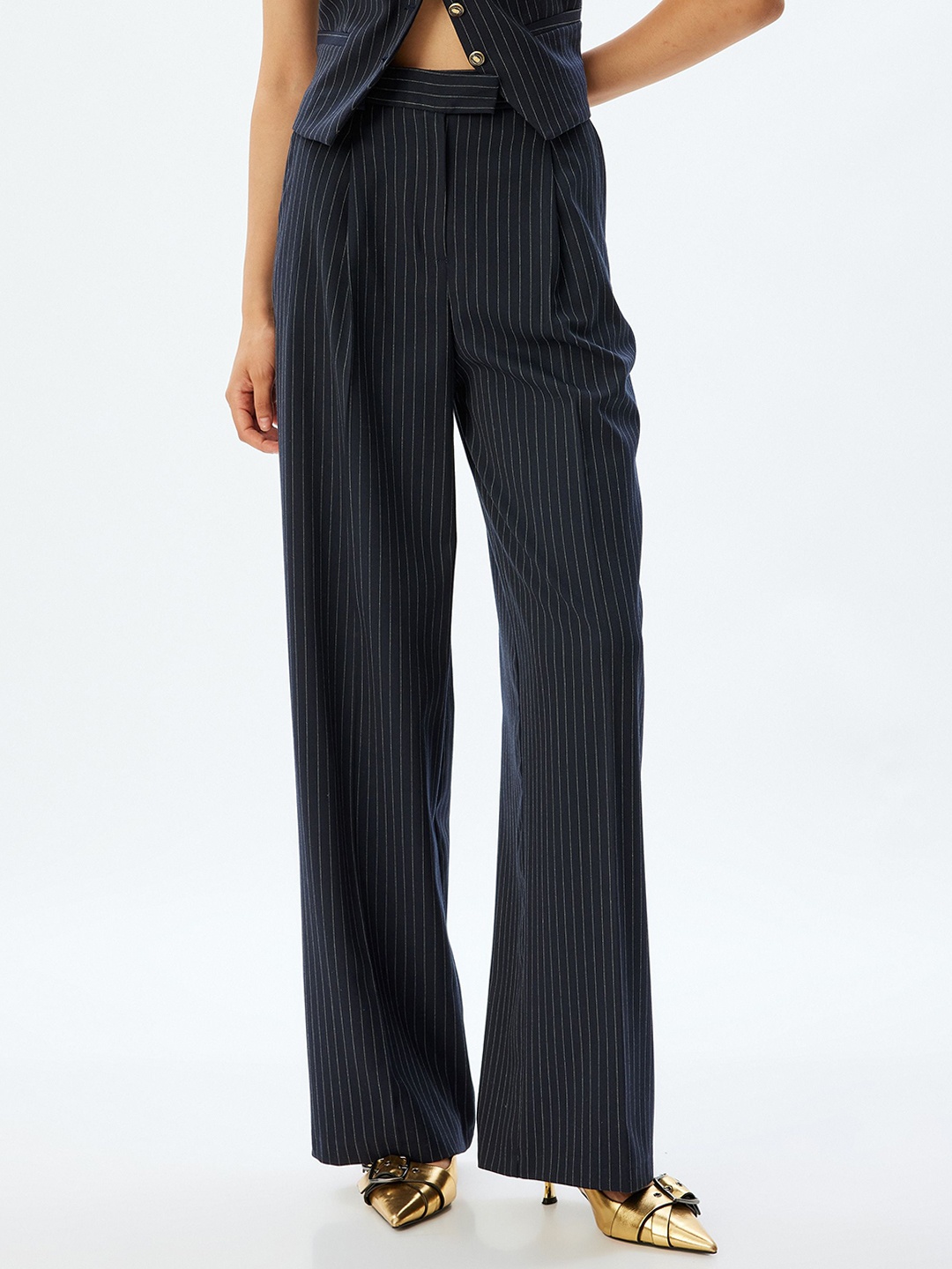 

Koton Women Striped High-Rise Trouser, Navy blue