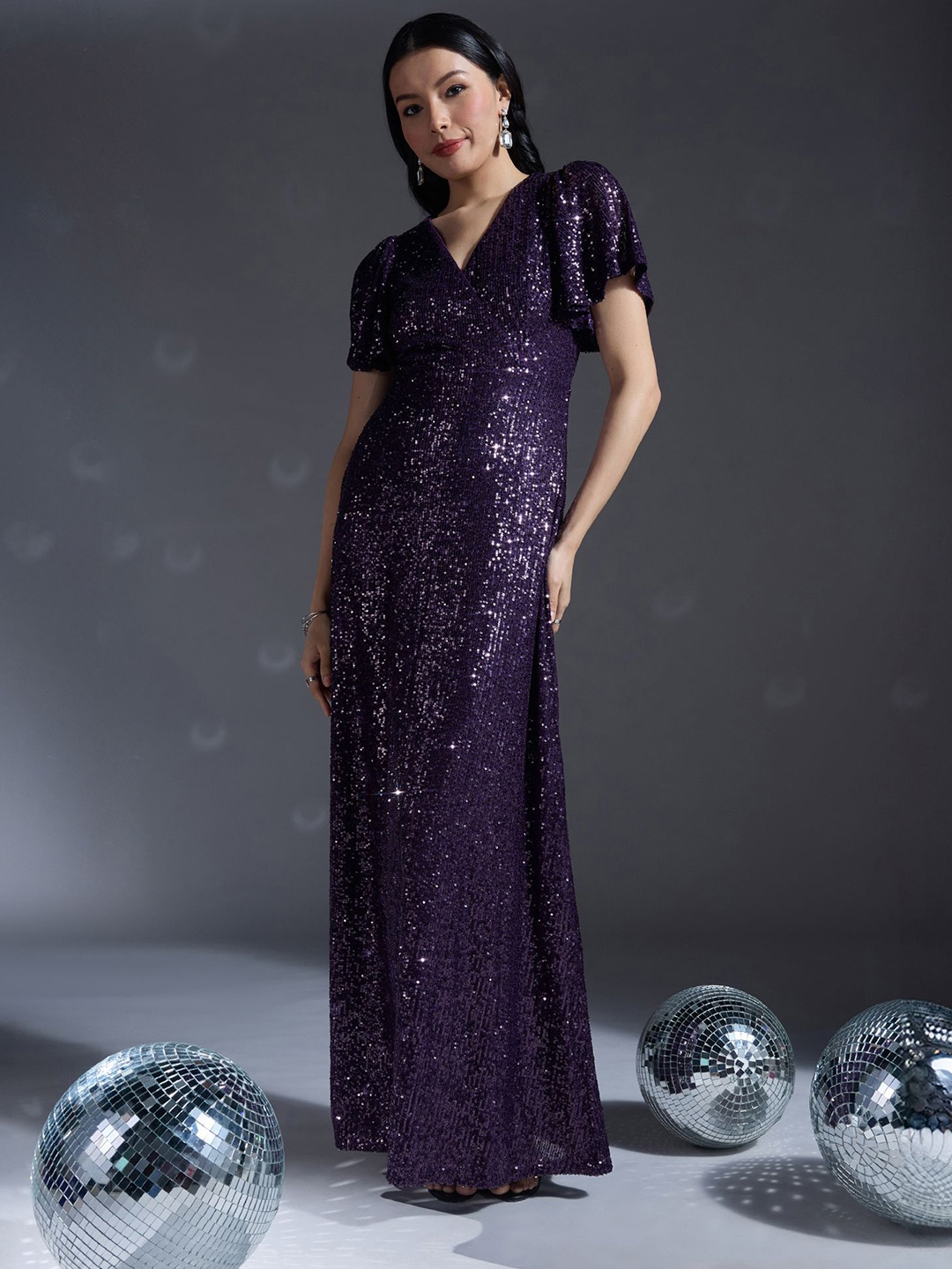

20Dresses Embellished V-Neck Flared Sleeve Wrap Maxi Dress, Purple