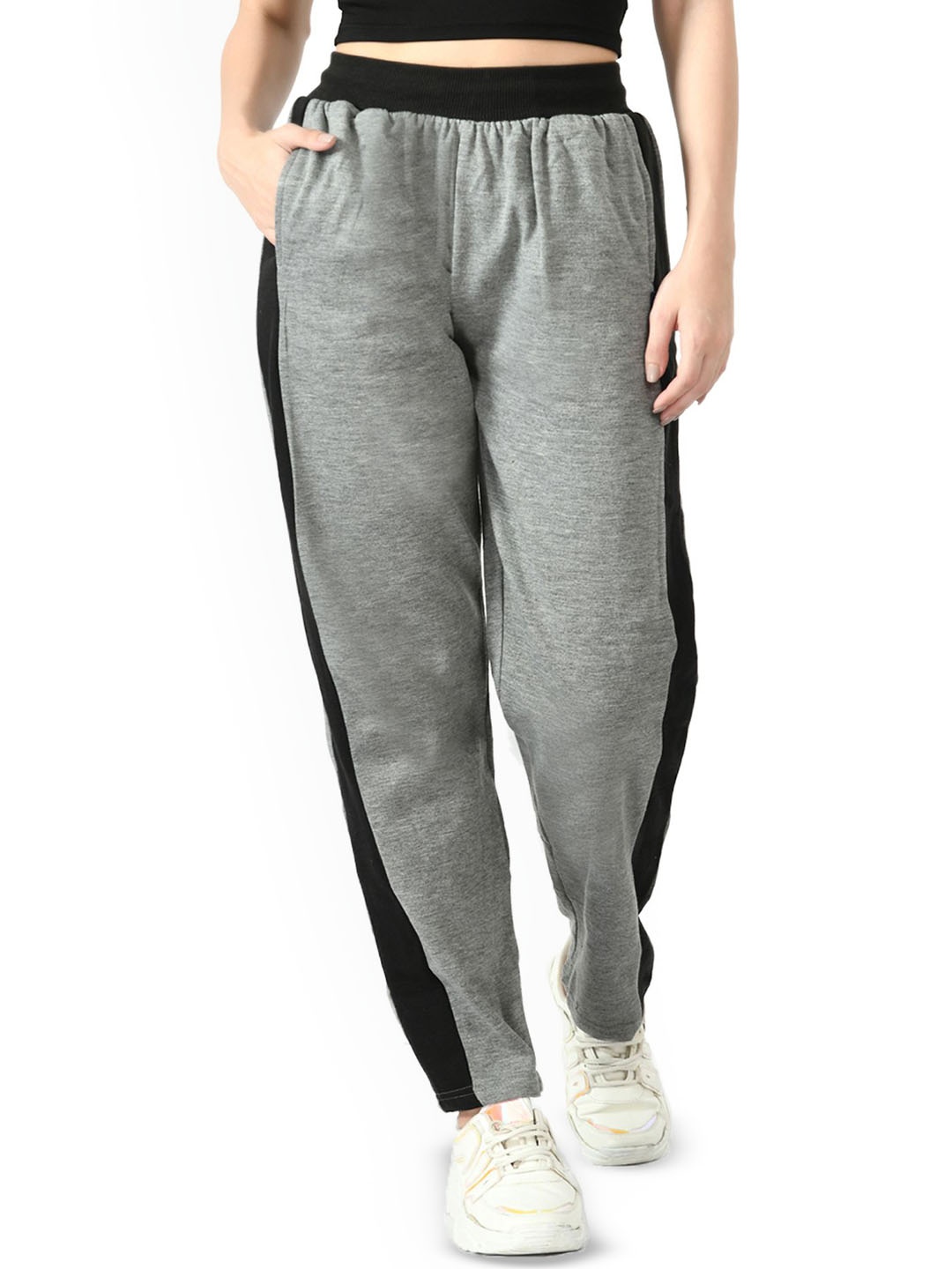 

BAESD Women Mid-Rise Side Patta Slip On Track Pants, Grey melange