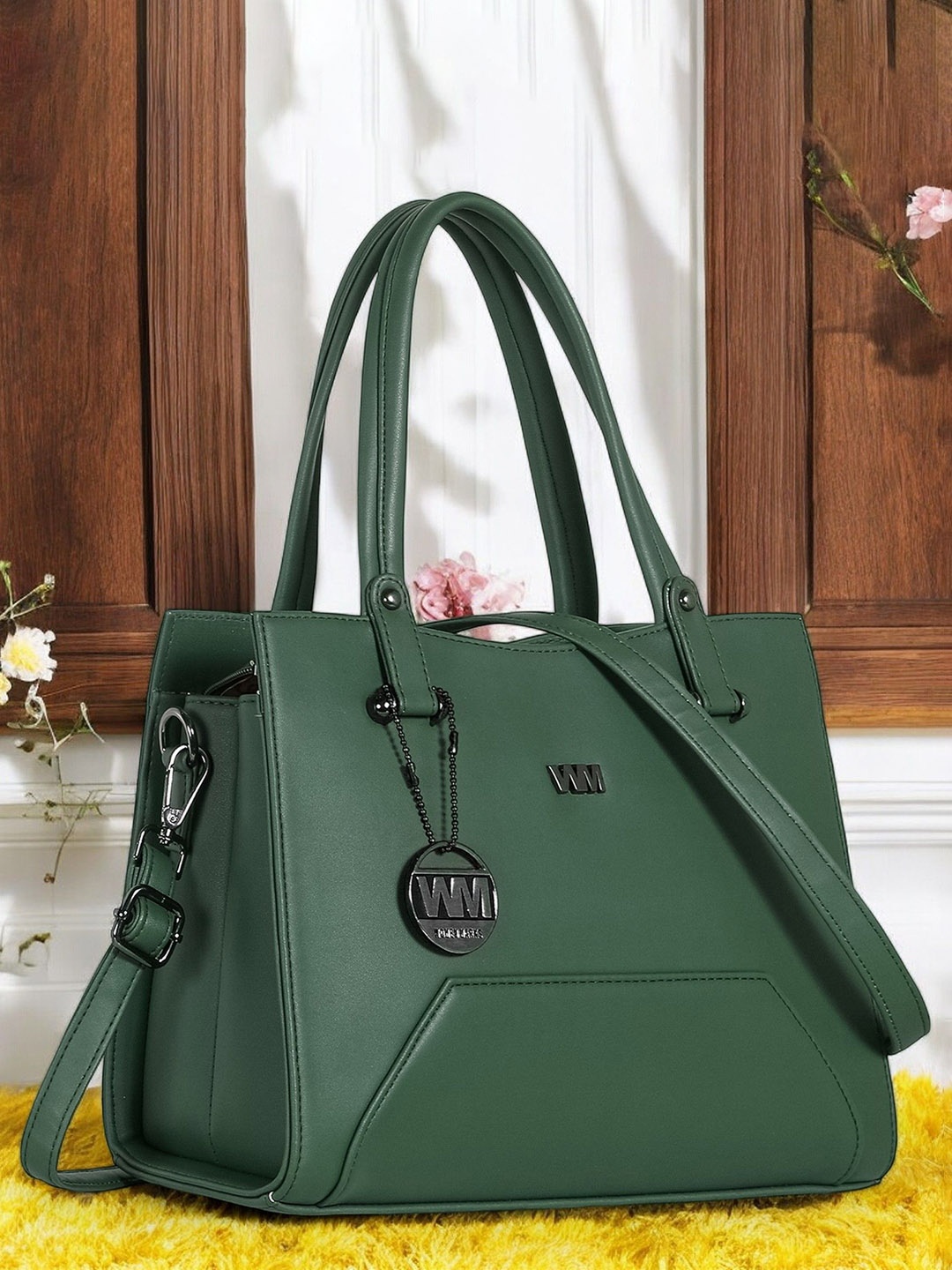 

WOMEN MARKS Textured PU Structured Handheld Bag, Green