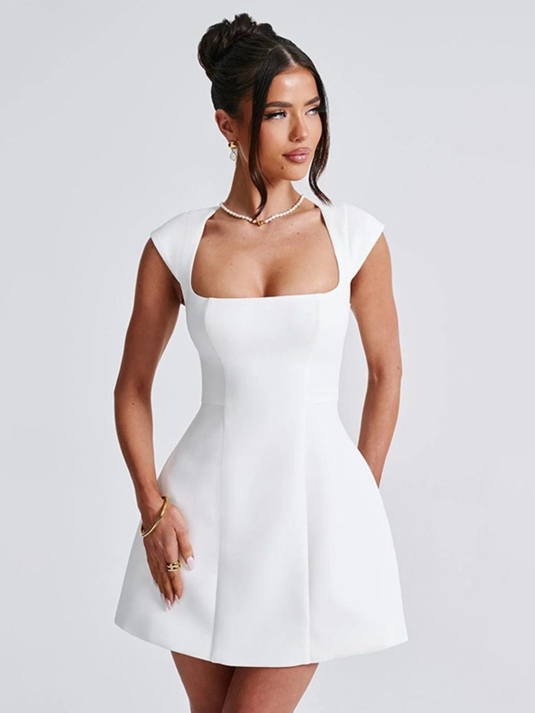 

KPOP Women Square Neck A-Line Mini Dress, White