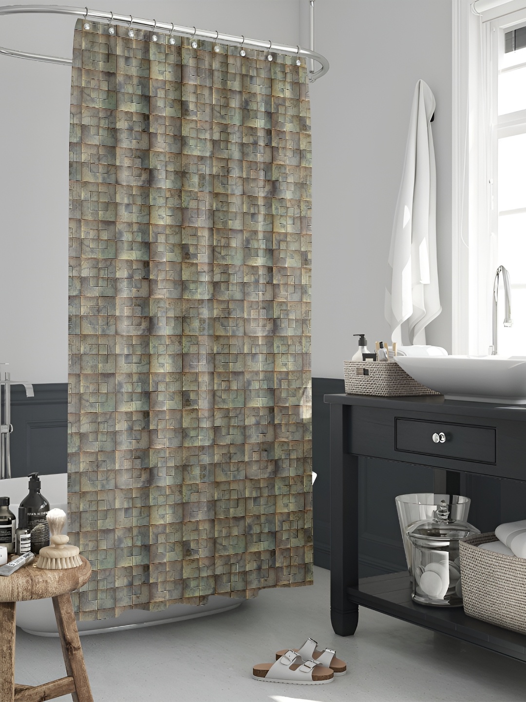 

ArtzFolio Beige & Grey Printed Waterproof Shower Curtain