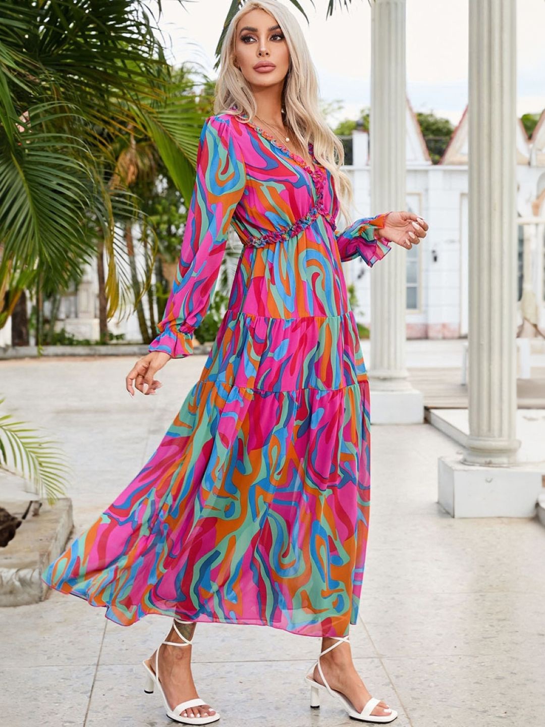 

HERE&NOW Women Print V-Neck Maxi Long Sleeves A-Line Maxi Dress, Pink