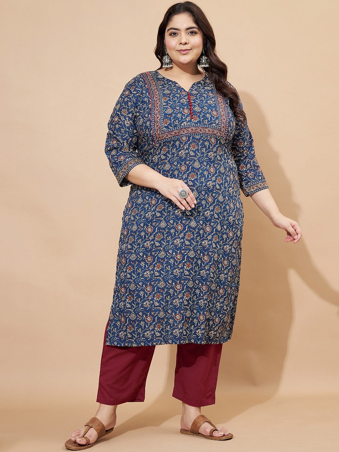 

Vbuyz Floral Printed Regular Cotton Straight Kurta, Blue