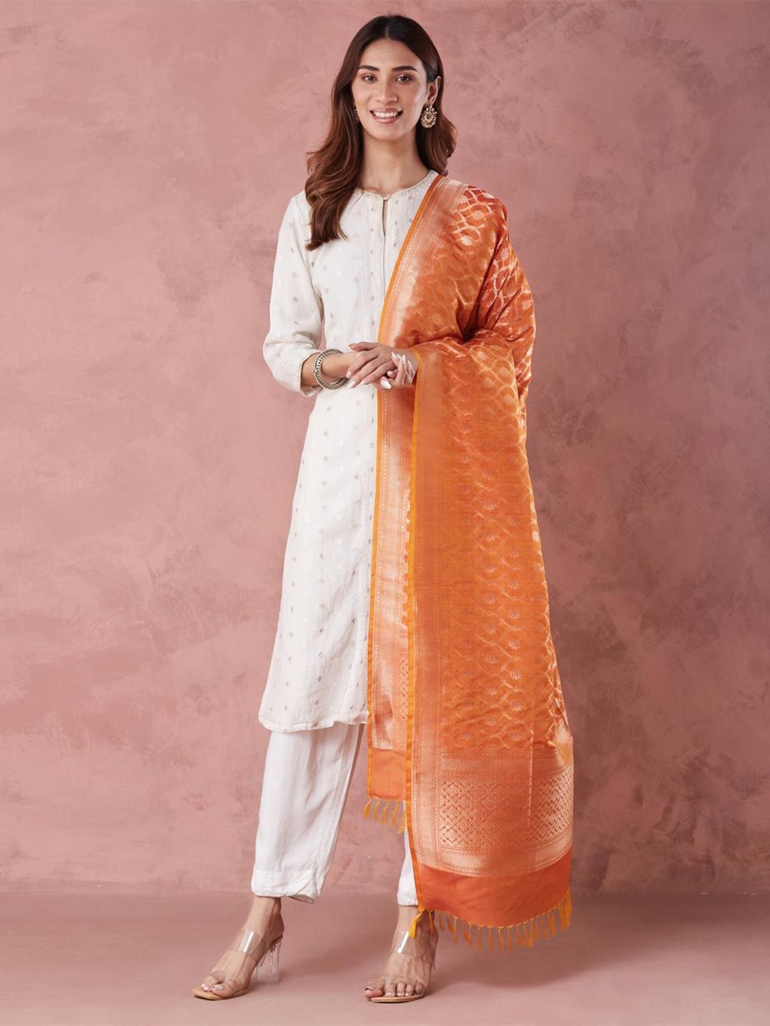 

Fabindia Ethnic Motifs Woven Design Dupatta With Zari, Orange