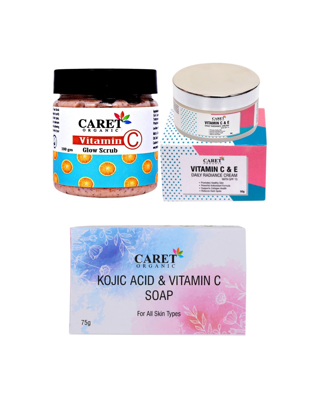 

CARET ORGANIC Set Of 3 Vitamin C Glow Scrub With Vitamin C Daily Cream & Kojic Acid Soap, White