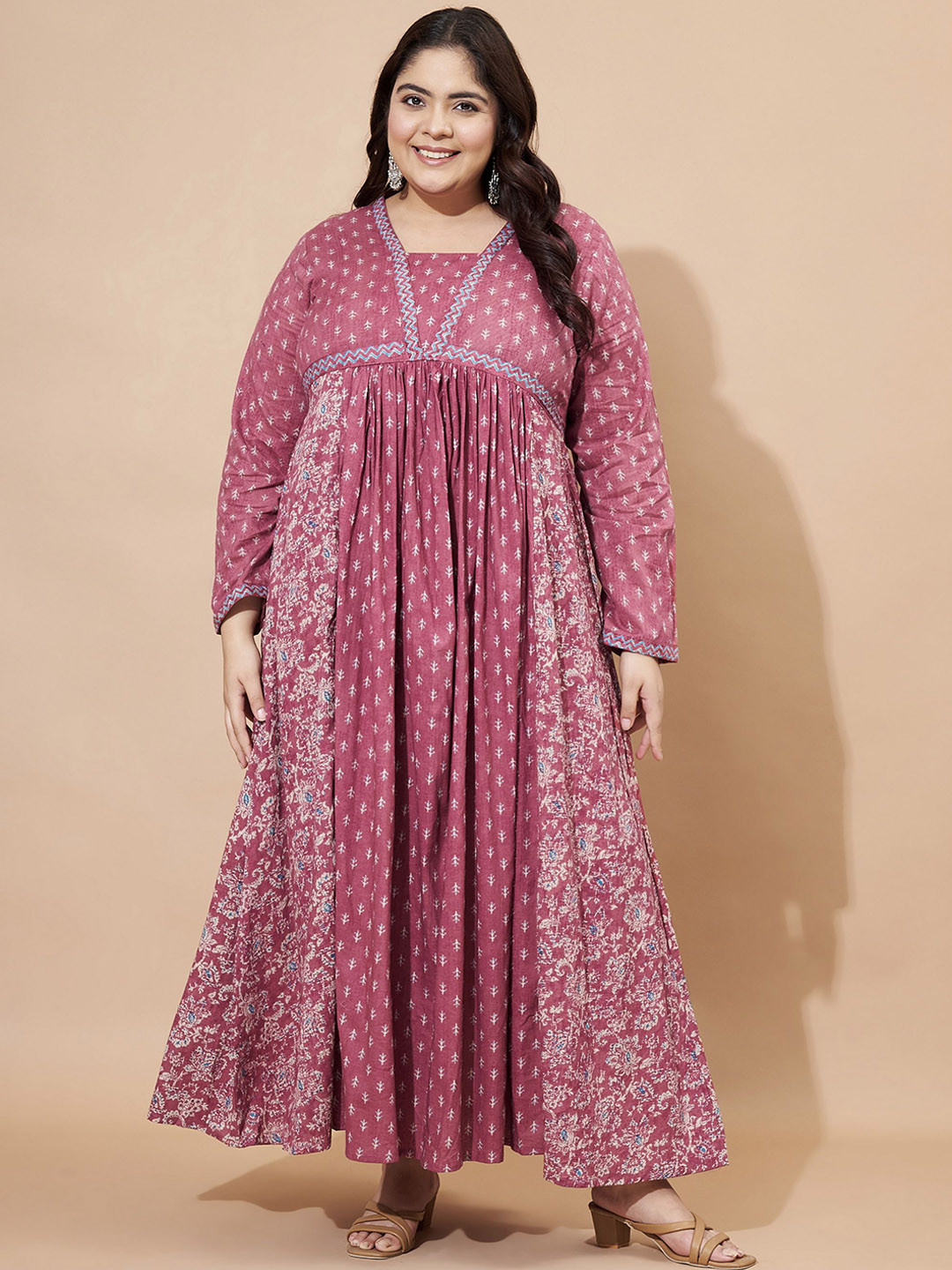 

Vbuyz Plus Floral Printed Square Neck Cotton Maxi Ethinic Dress, Pink
