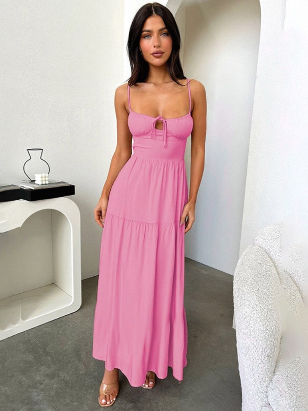 

KPOP Women Shoulder Straps Maxi Sleeveless Solid Dress, Pink