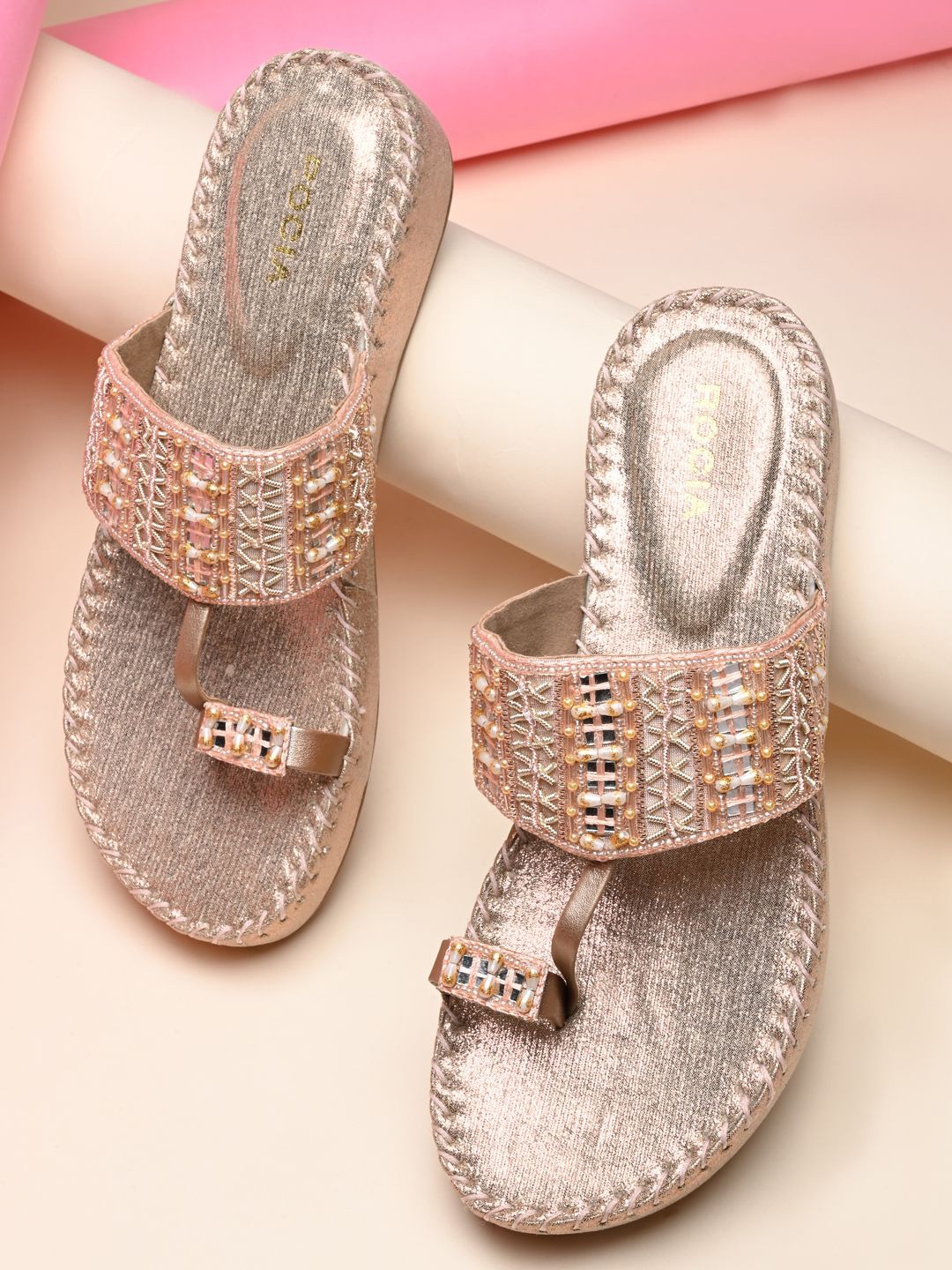 

Rocia Women Ethnic Embellished T-Strap Flats, Rose gold