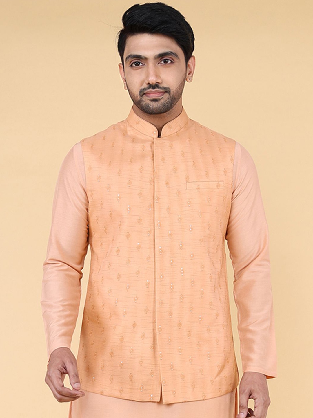 

ZOIS Men Embroidered Mandarin Collar Nehru Jackets, Orange