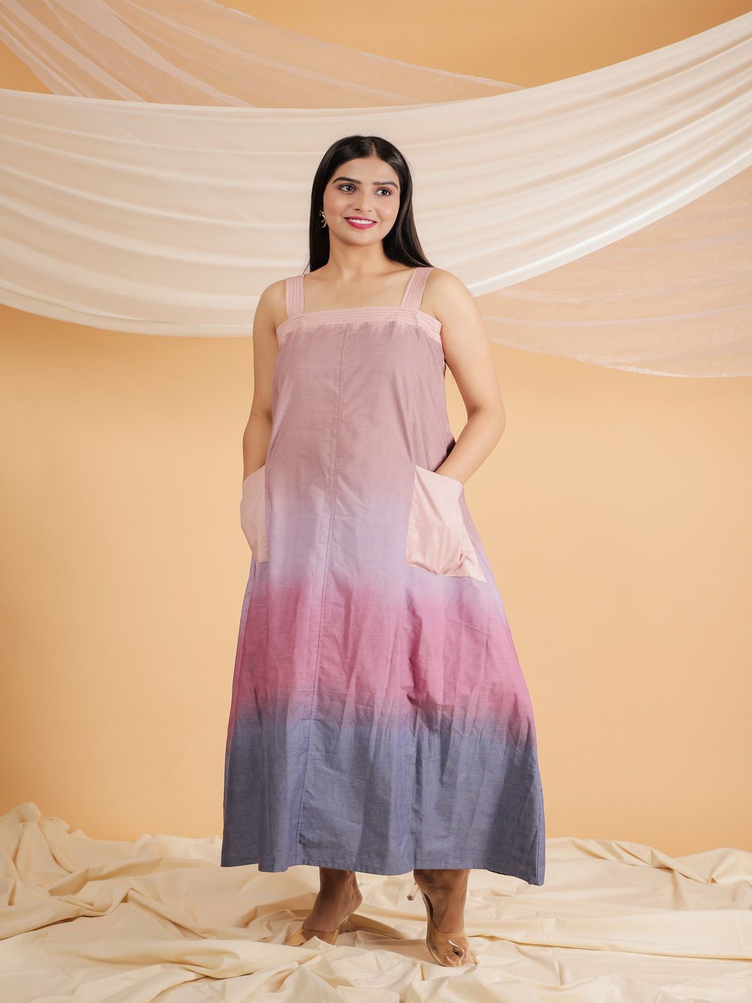 

THE SAFFRON SAGA Women Tie and Dye Pure Cotton Dyed A - Line Maxi Dress, Pink