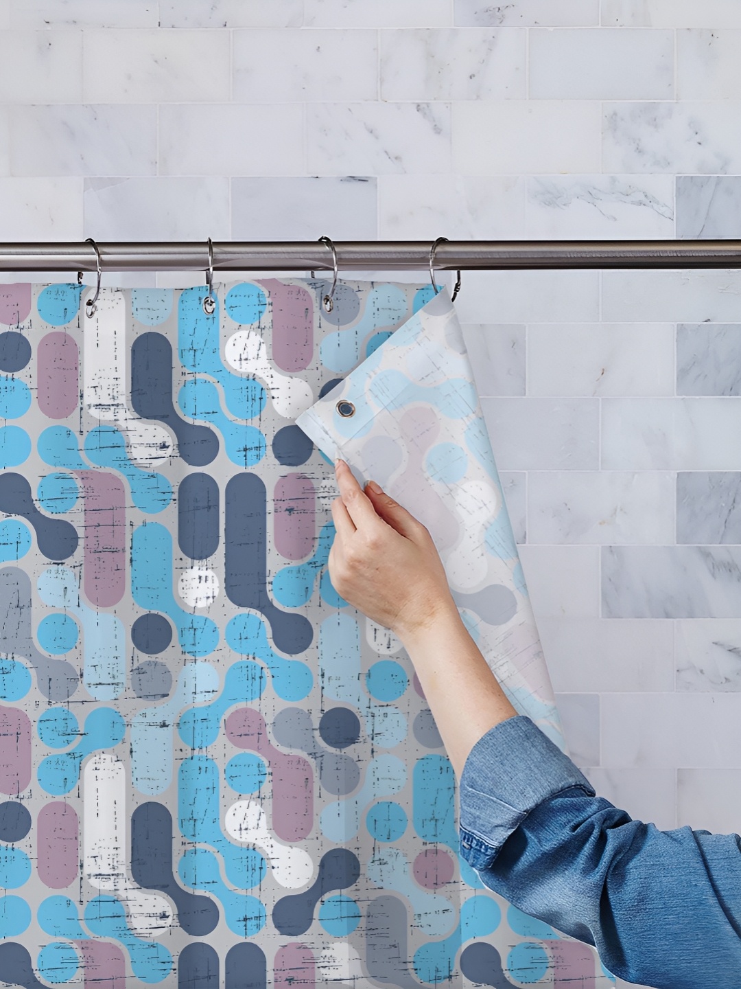 

ArtzFolio White & Blue Printed Waterproof Shower Curtain