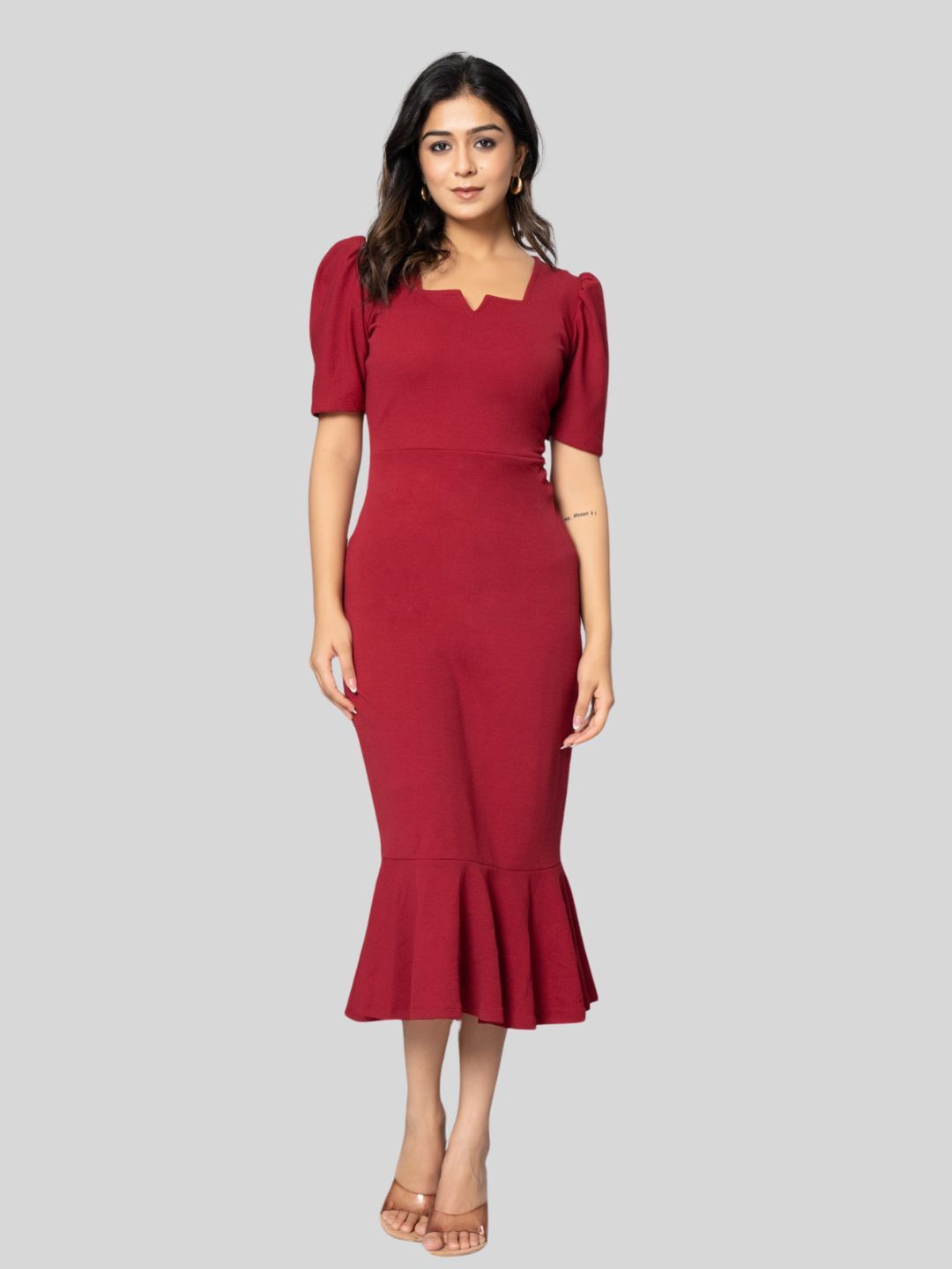 

Aanys Culture Puff Sleeve Sheath Midi Dress, Maroon