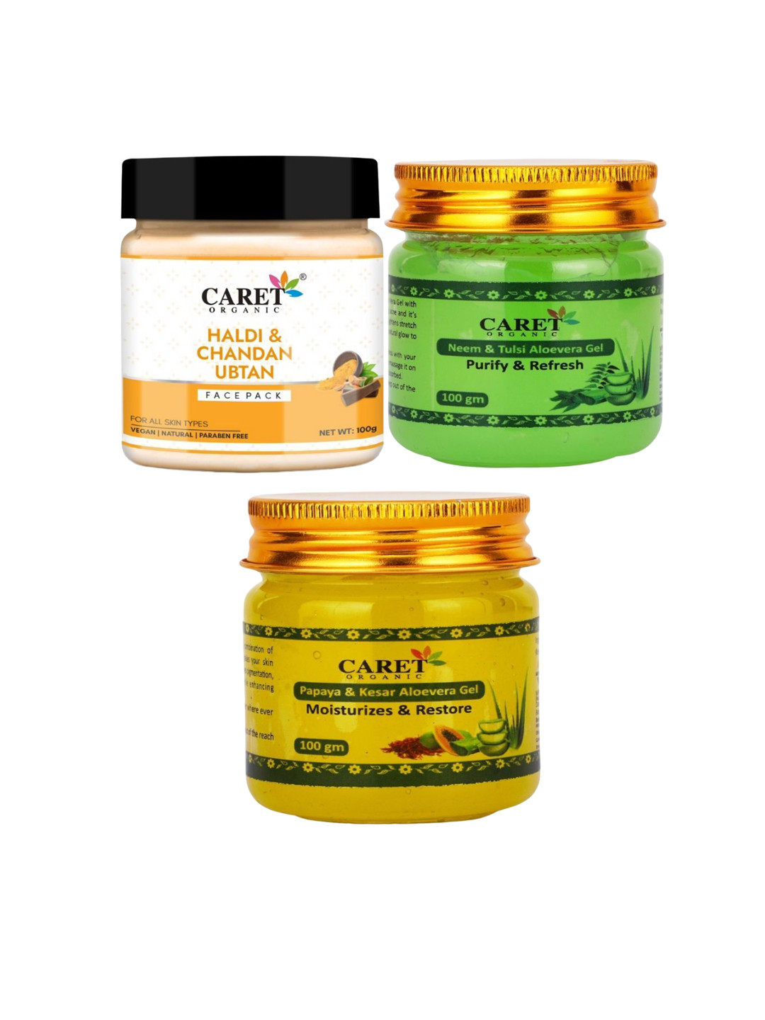 

CARET ORGANIC Set of 3 Chandan Ubtan Face Pack, Aloevera Gel & Neem & Tulsi Aloevera Gel, White