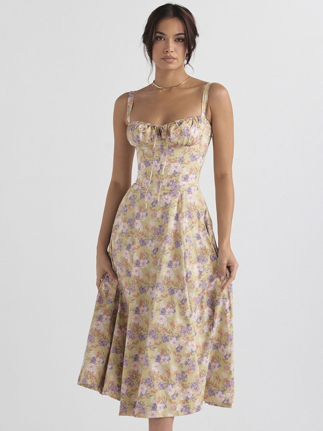 

KPOP Floral Printed Shoulder Straps Fit and Flare Midi Dress, Brown