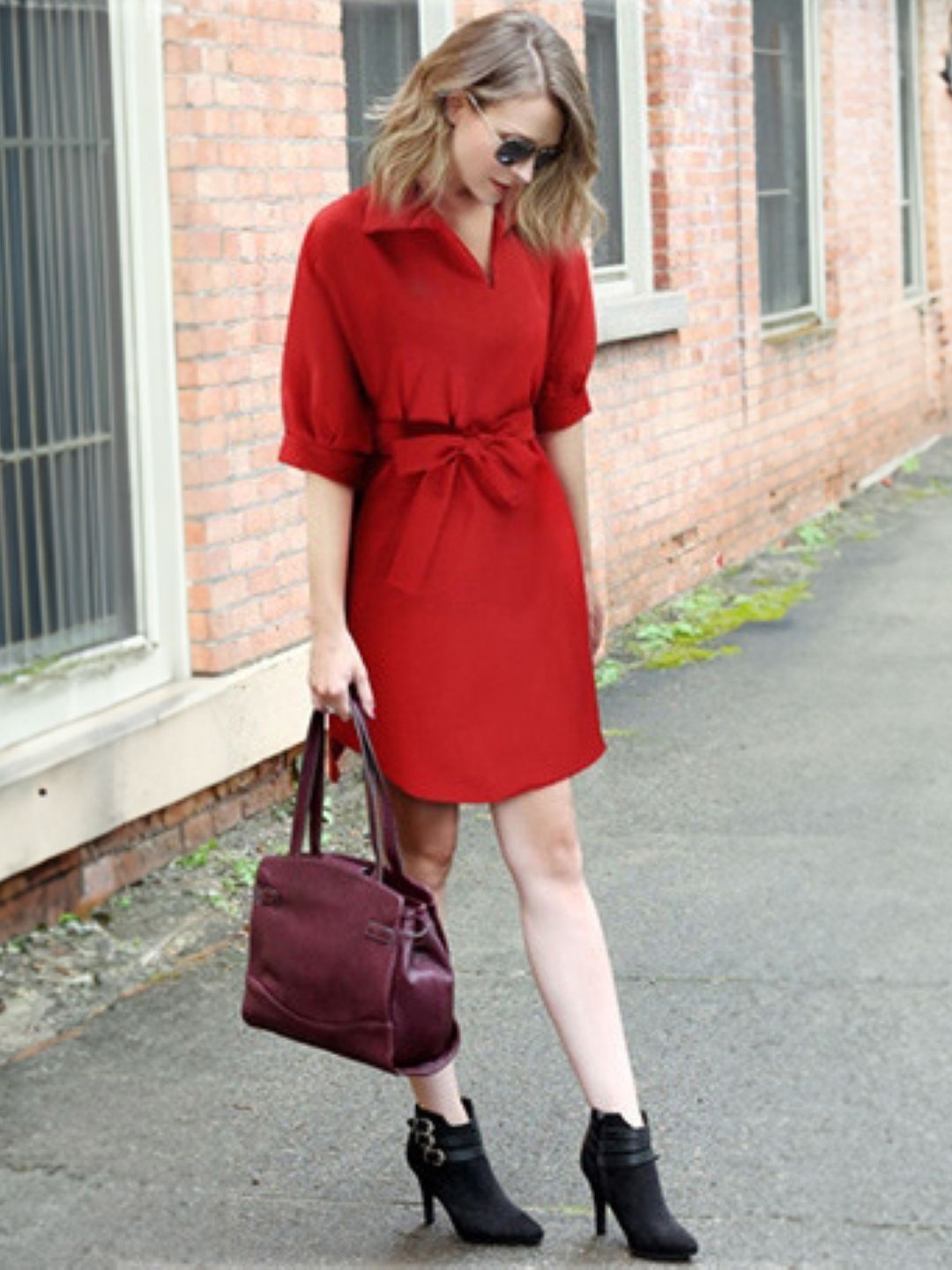 

HERE&NOW Women Shirt Collar Cuffed Sleeves Above Knee Sheath Dress, Red