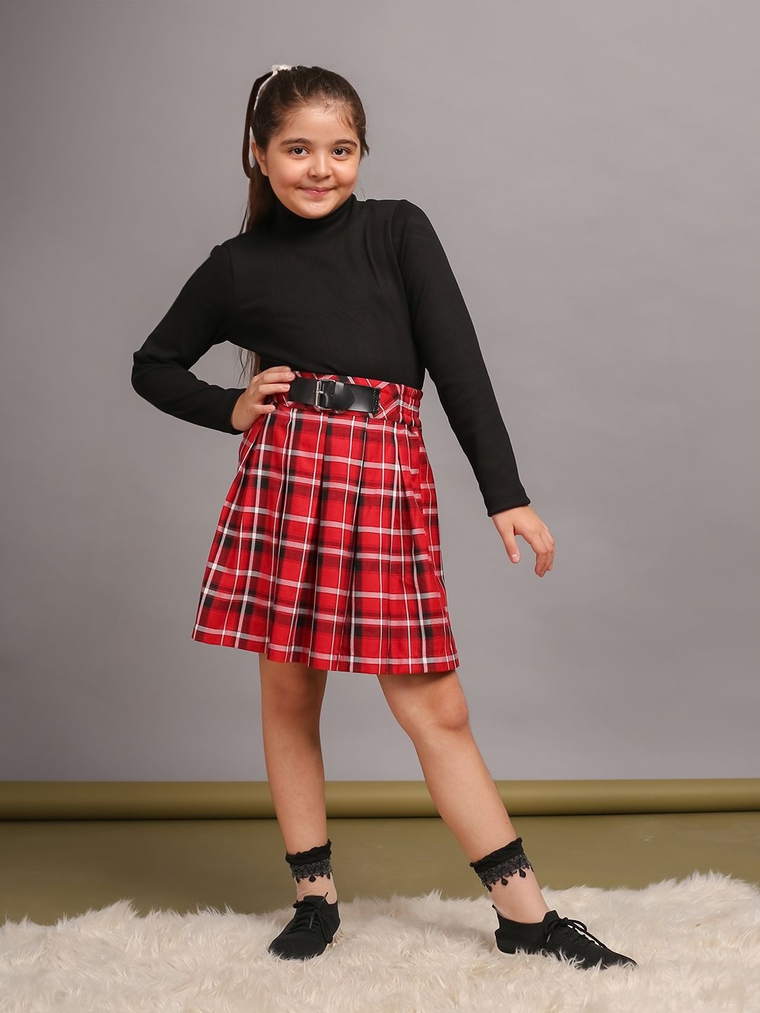 

Budding Bees Girls High Neck Long Sleeves Pure Cotton Top With Skirt, Red