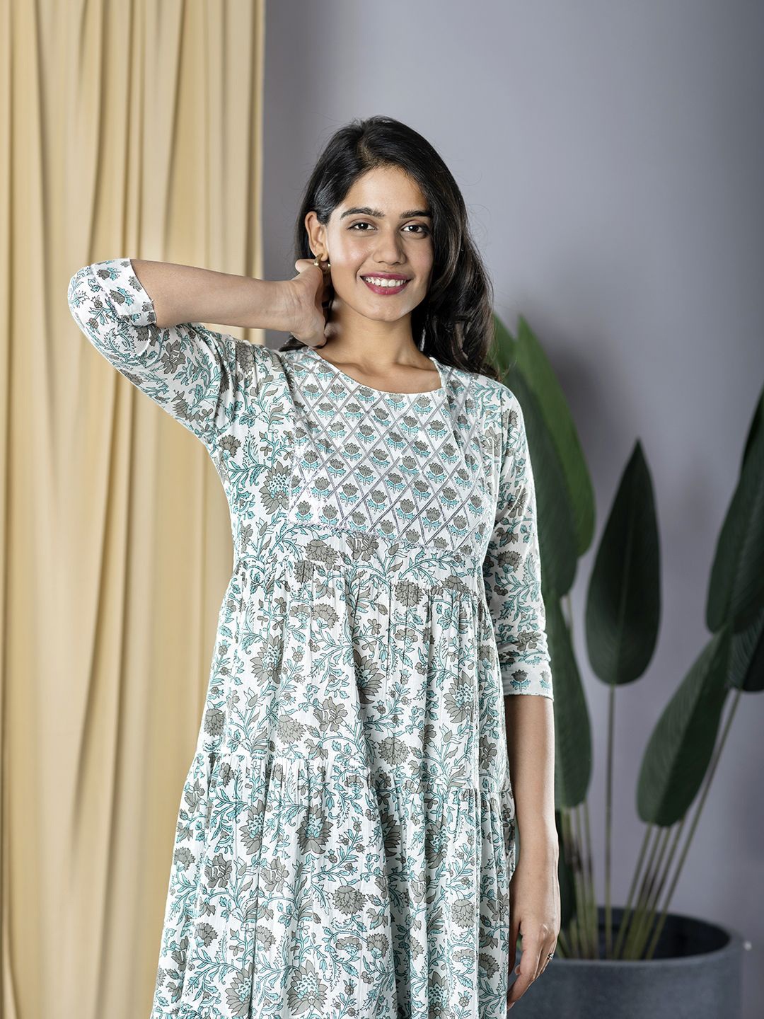 

KALINI Floral Print Layered Formal Fit & Flare Midi Dress, Grey