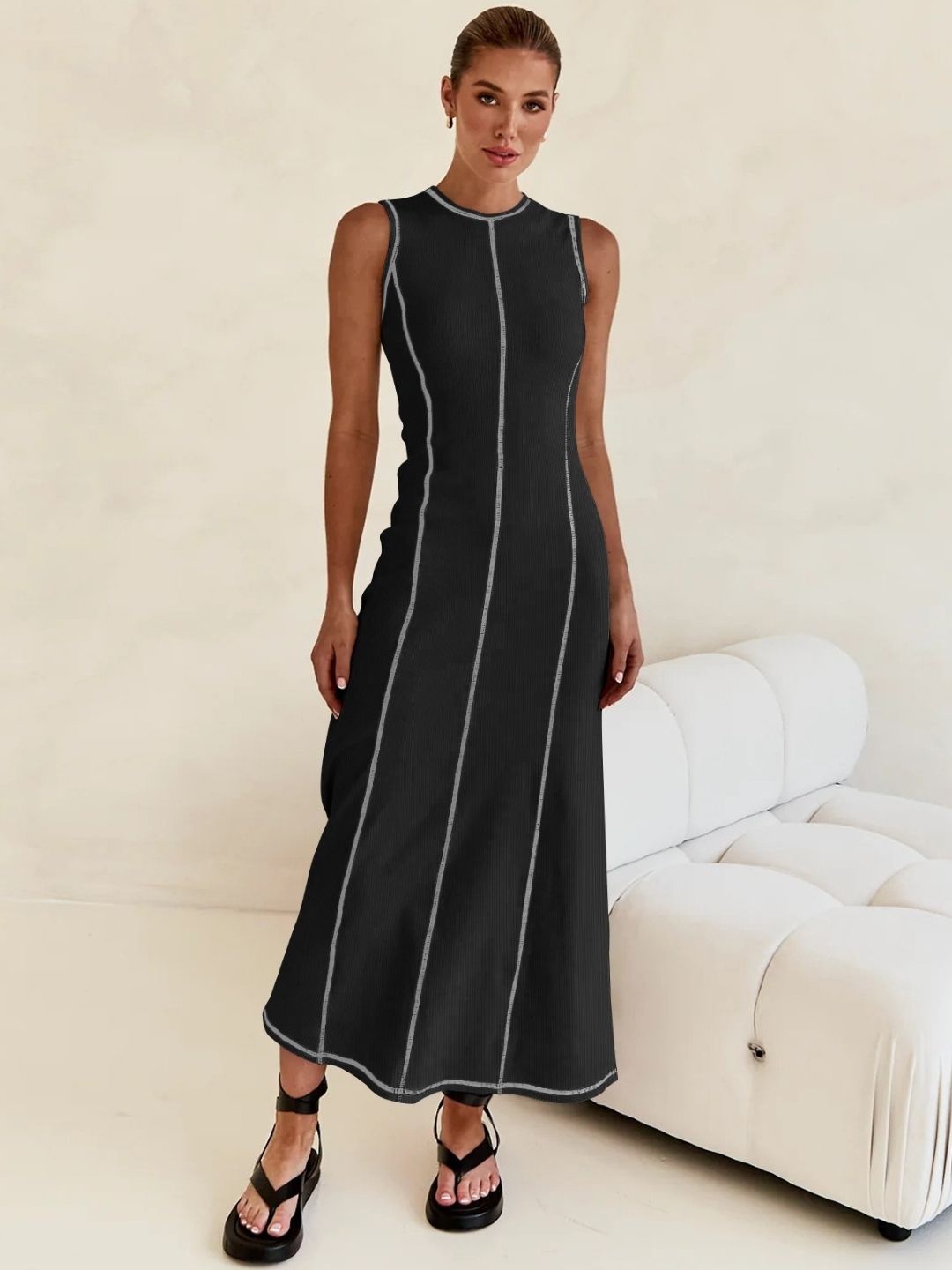 

StyleCast Striped Round Neck Sleeveless A-Line Maxi Dress, Black