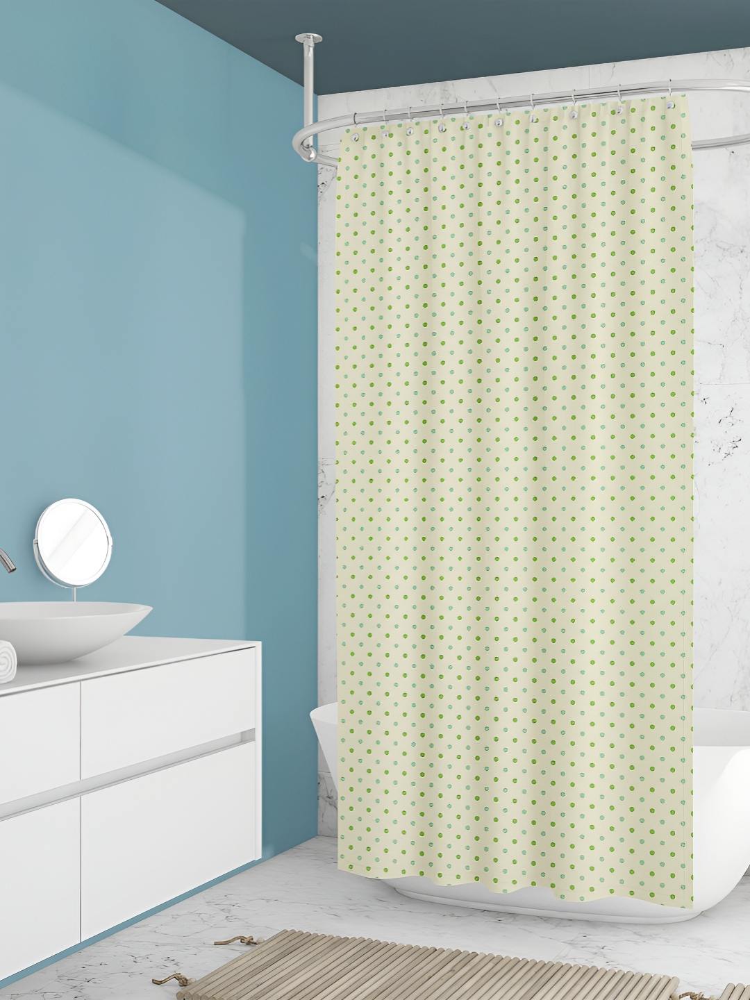 

ArtzFolio Cream-Colored & Blue Polka Dot Printed Waterproof Shower Curtain