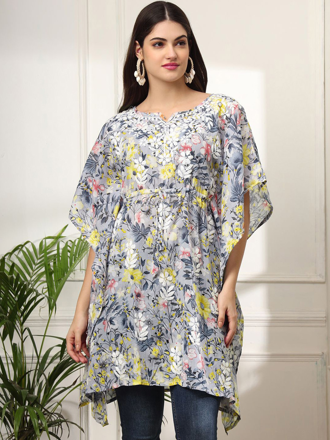 

The Chikan Label Floral Embroidered Chikankari Kaftan Kurta, Yellow