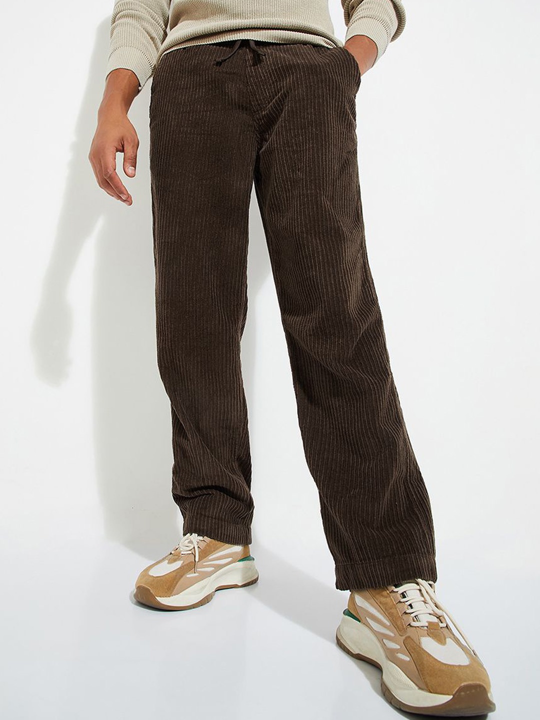 

max Men Cotton Loose Fit Corduroy Pants, Brown