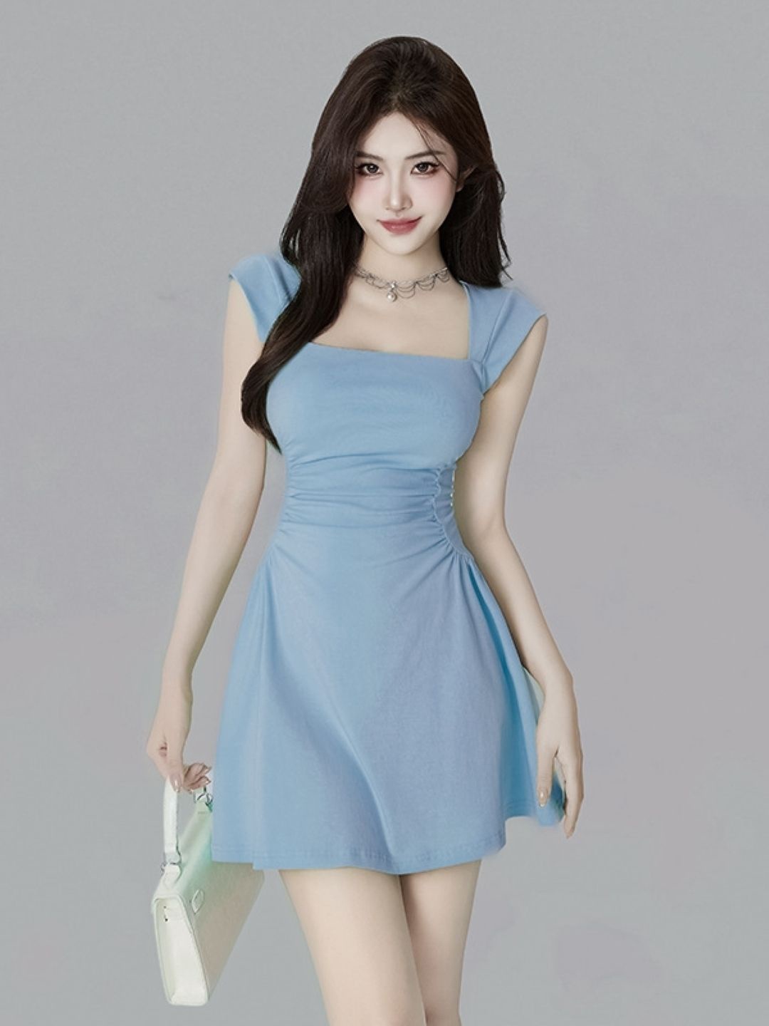 

KPOP Women Fit and Flare Square Neck Dress, Blue