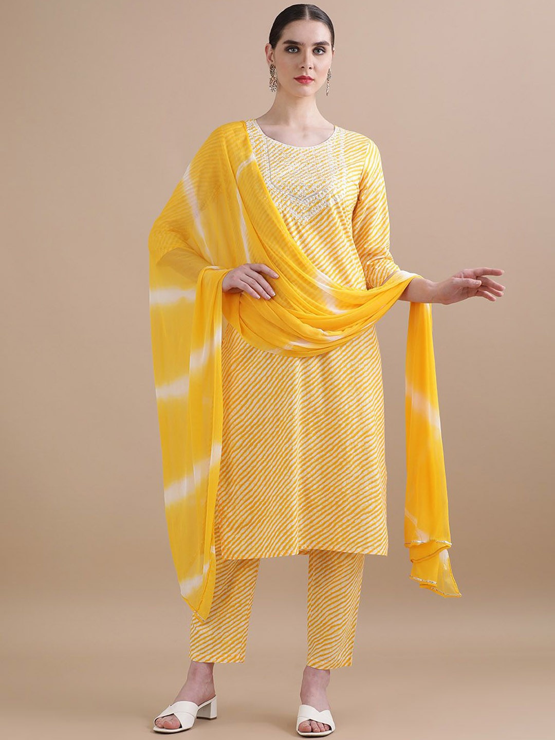 

Jaipur Kurti Yellow Leheriya Printed Thread Work Pure Cotton Kurta with Trouser & Dupatta