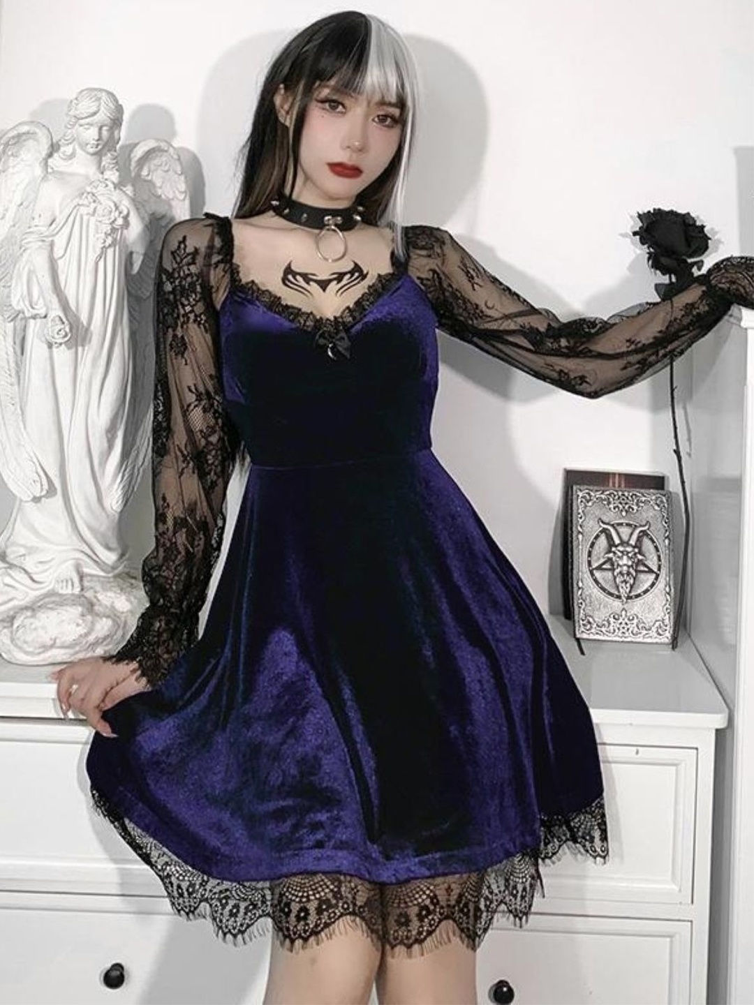 

KPOP Women Bell Sleeve A-Line Dress, Navy blue