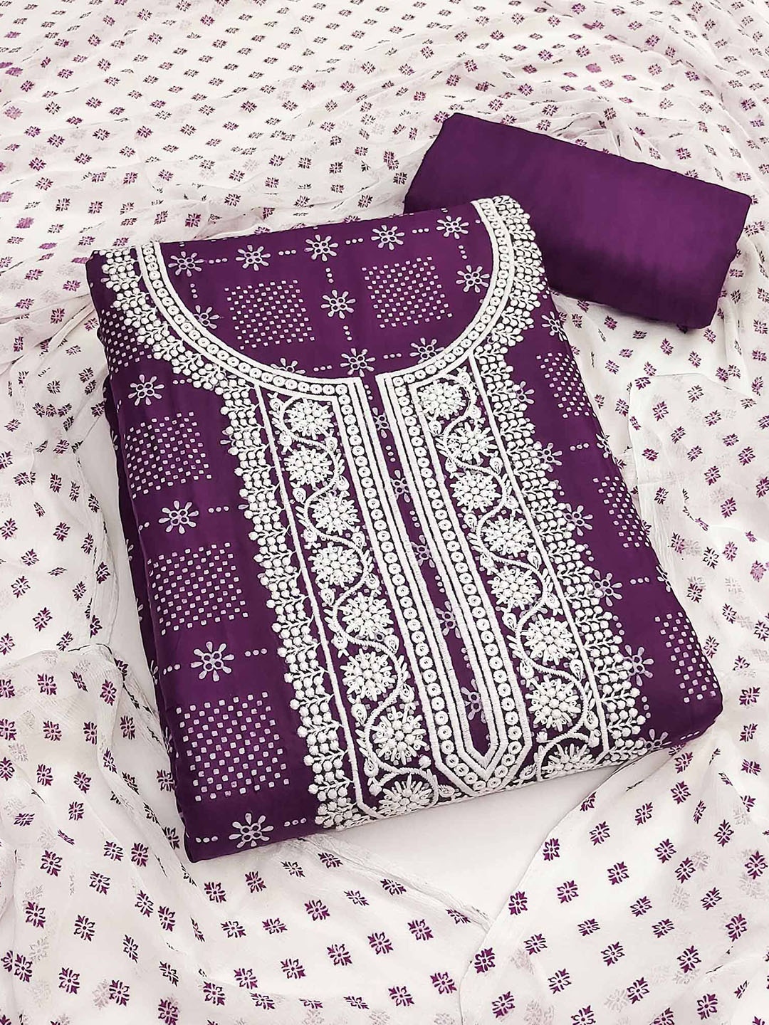 

Peachmode Floral Printed Thread Work Unstitched Dress Material, Purple