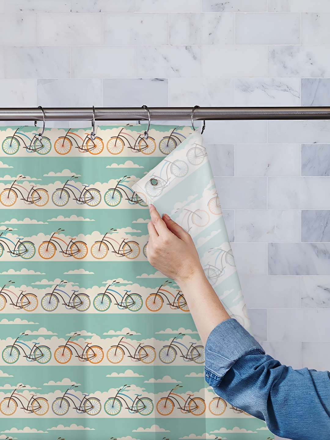 

ArtzFolio Green & Cream Printed Waterproof Shower Curtains