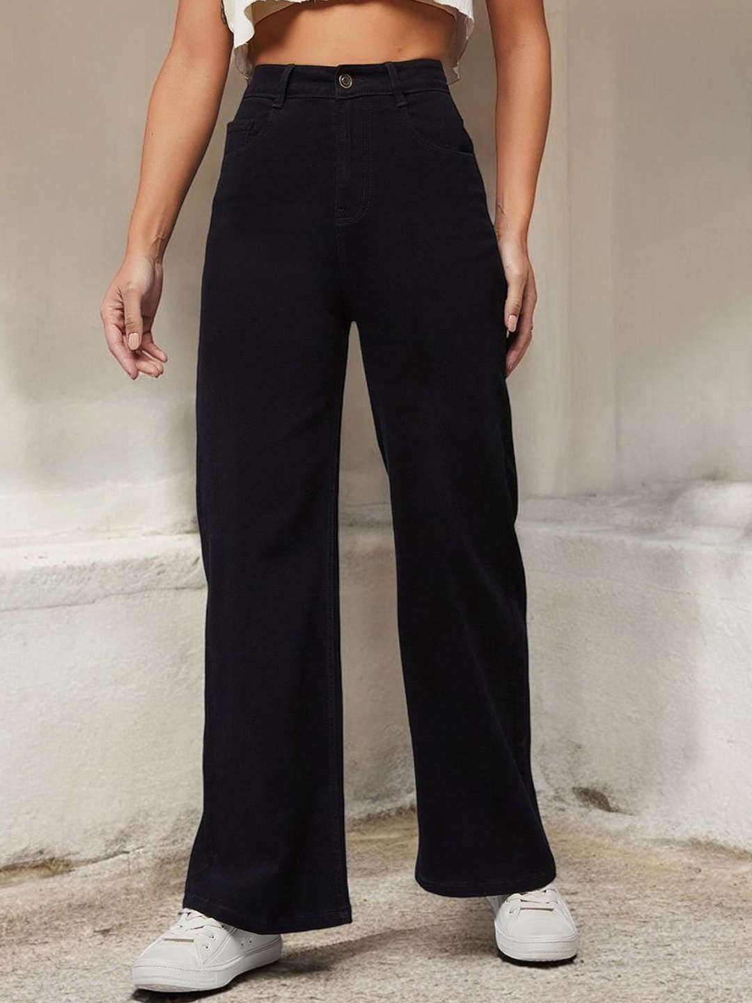 

DOLCE CRUDO Women Wide Leg High Rise Clean Look Regular-Length Stretchable Denim Jeans, Black