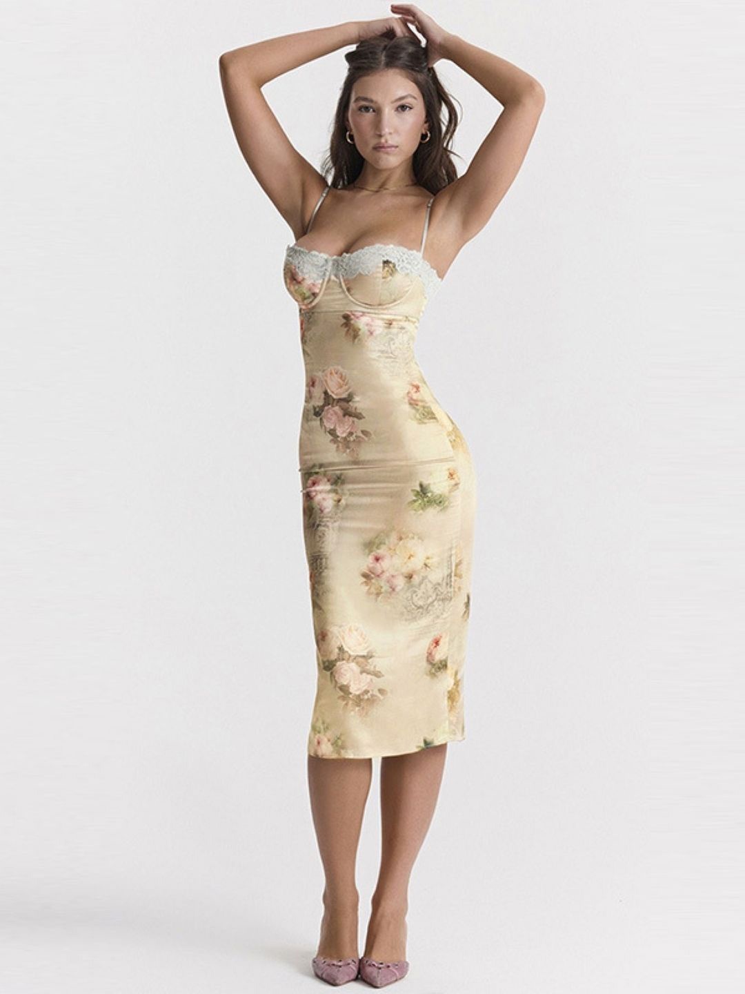 

KPOP Women Floral Printed Bodycon Dress, Cream