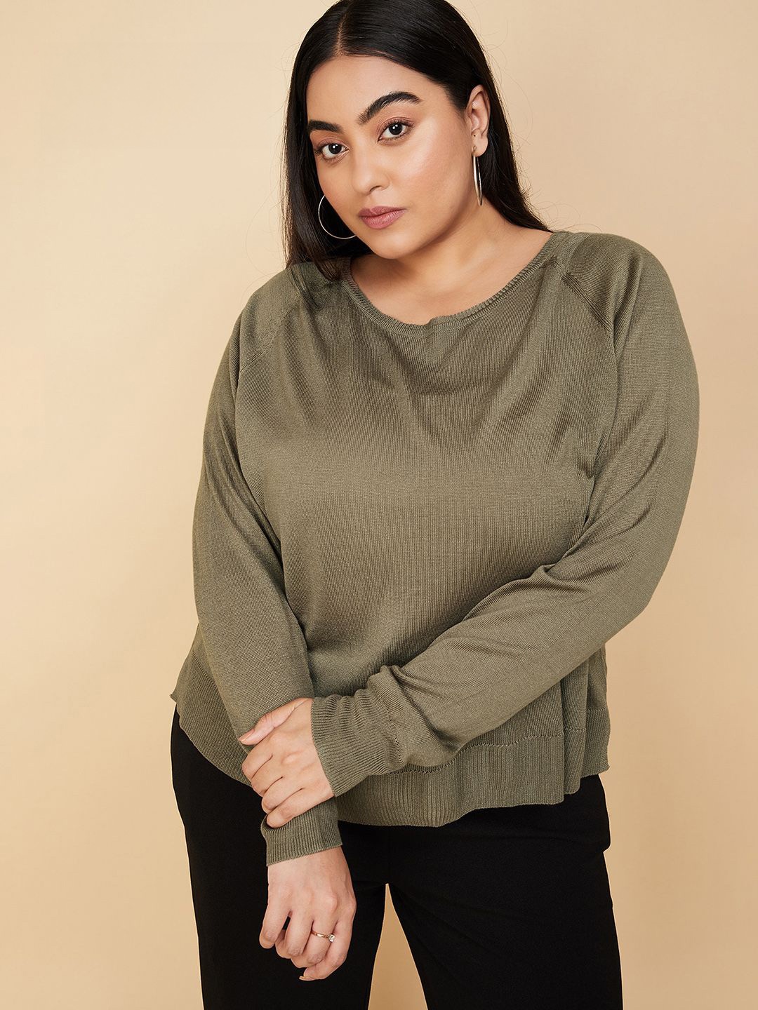 

max Women Plus Size Cotton Round Neck Long Sleeves Top, Brown