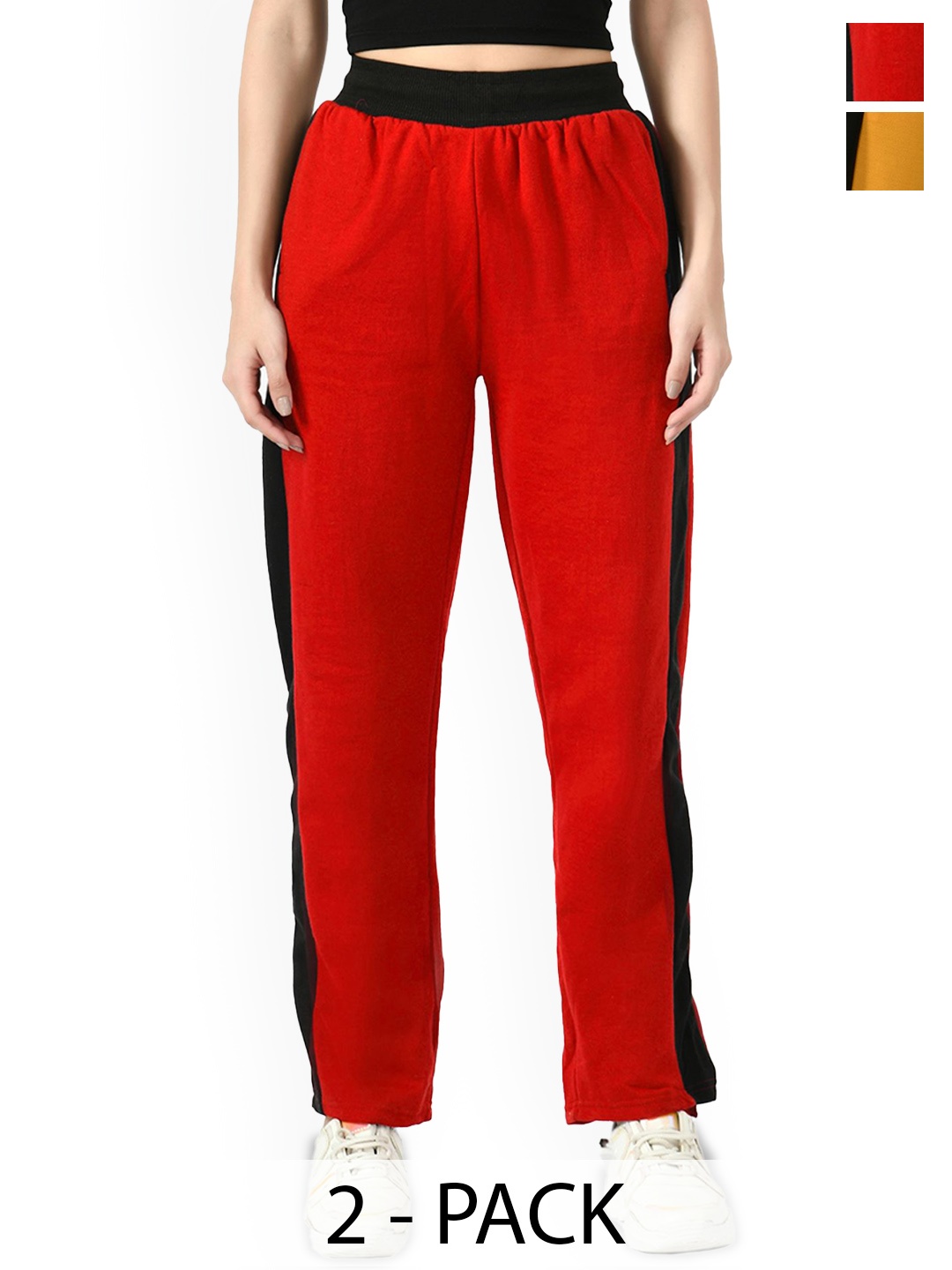 

BAESD Women Pack of 2 Colourblocked Mid Rise Warm Side Patta Lower Winter Track Pants, Red