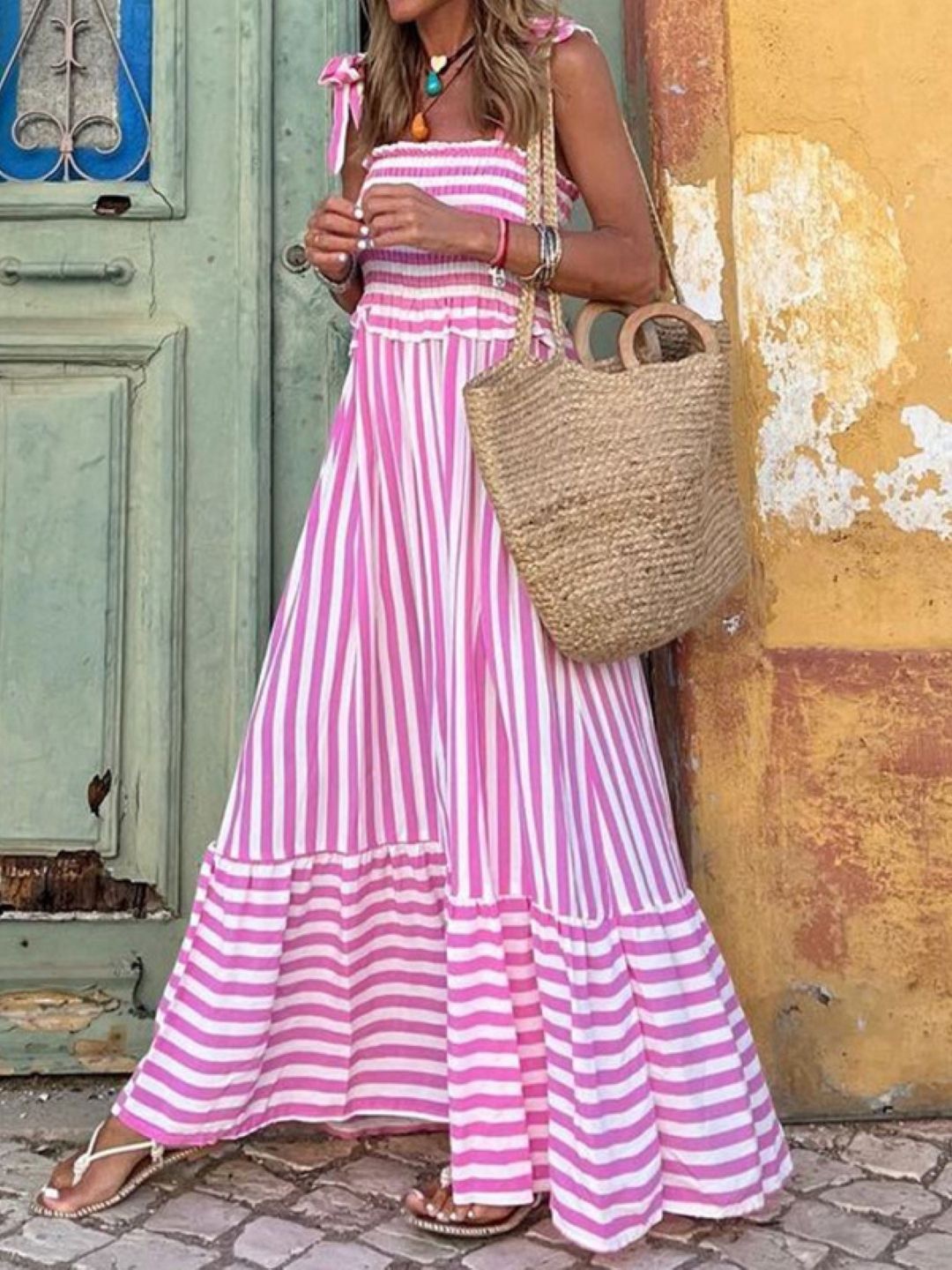 

StyleCast Women Striped Shoulder Straps A-Line Maxi Dress, Pink