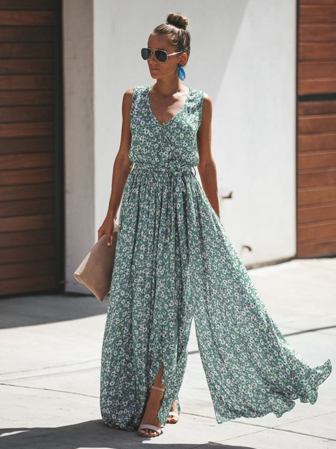 

HERE&NOW Printed V-Neck Sleeveless Maxi Wrap Dress With Tie-Up Details, Blue