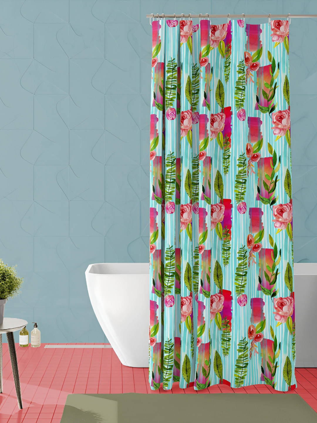 

ArtzFolio Blue & Pink Floral Printed Waterproof Shower Curtain