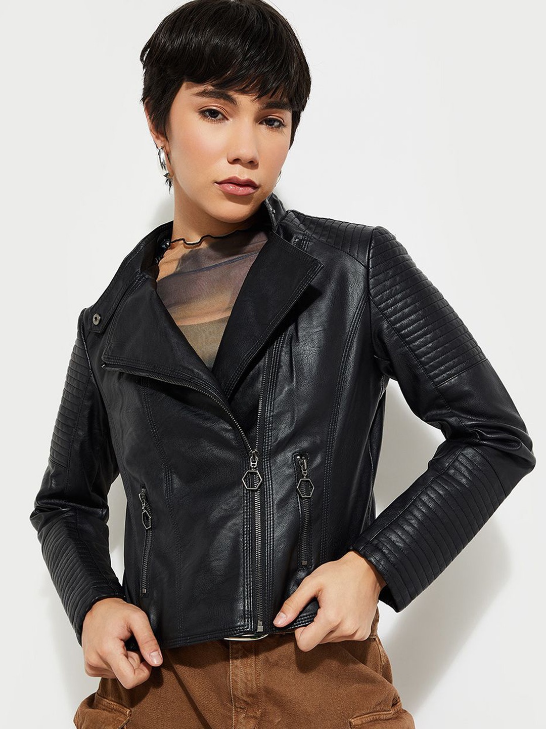 

max Women Polyester Longline Biker Jacket, Black