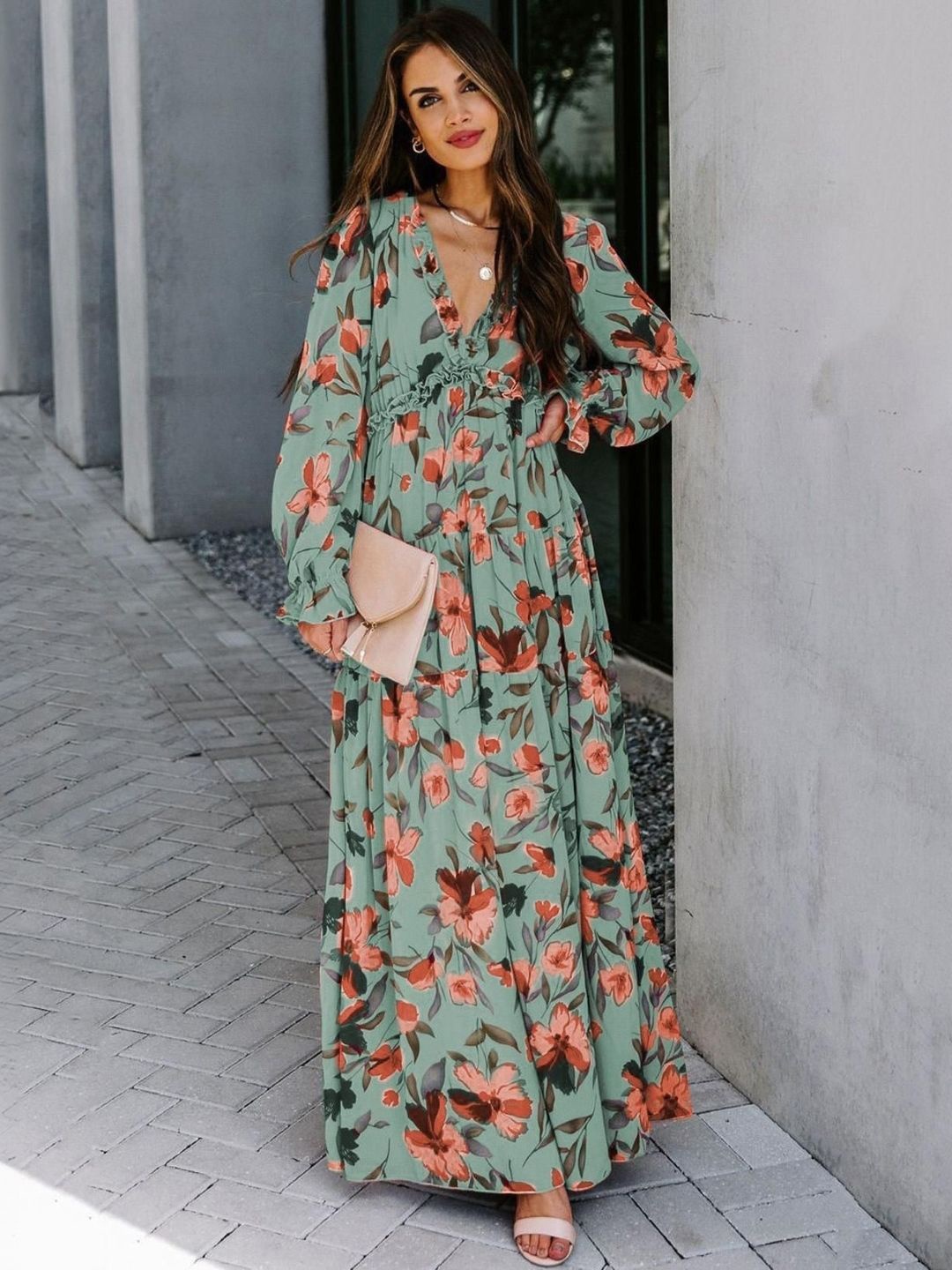 

HERE&NOW Women Floral Printed A-Line Maxi Dress, Blue