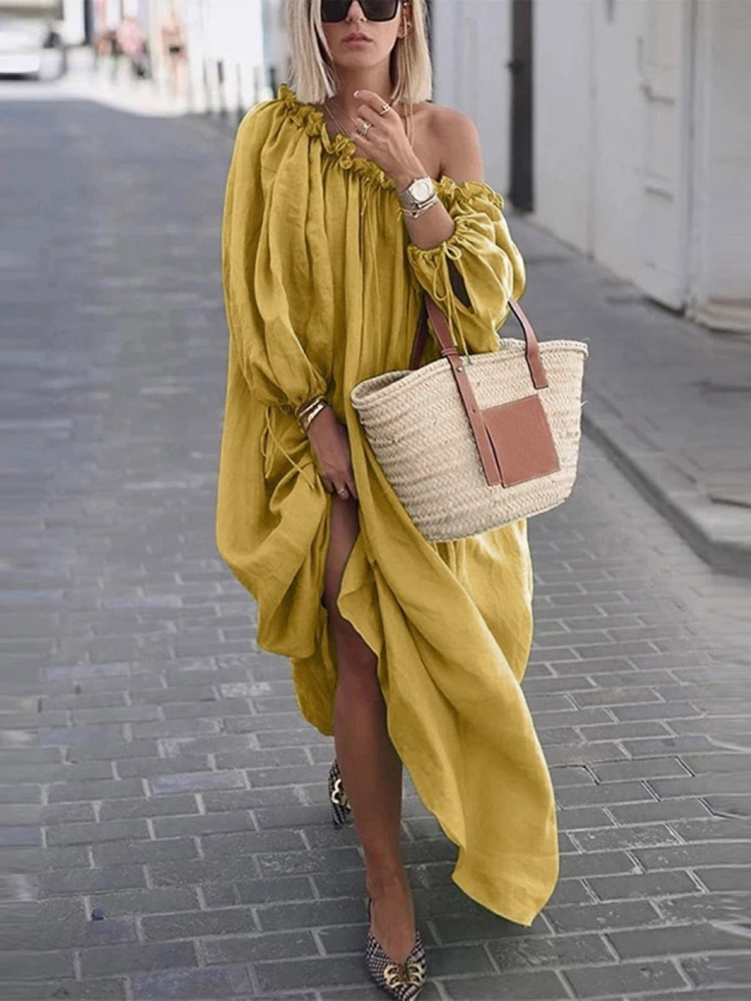 

HERE&NOW Women Gathered Oversized A-Line Maxi Dress, Yellow