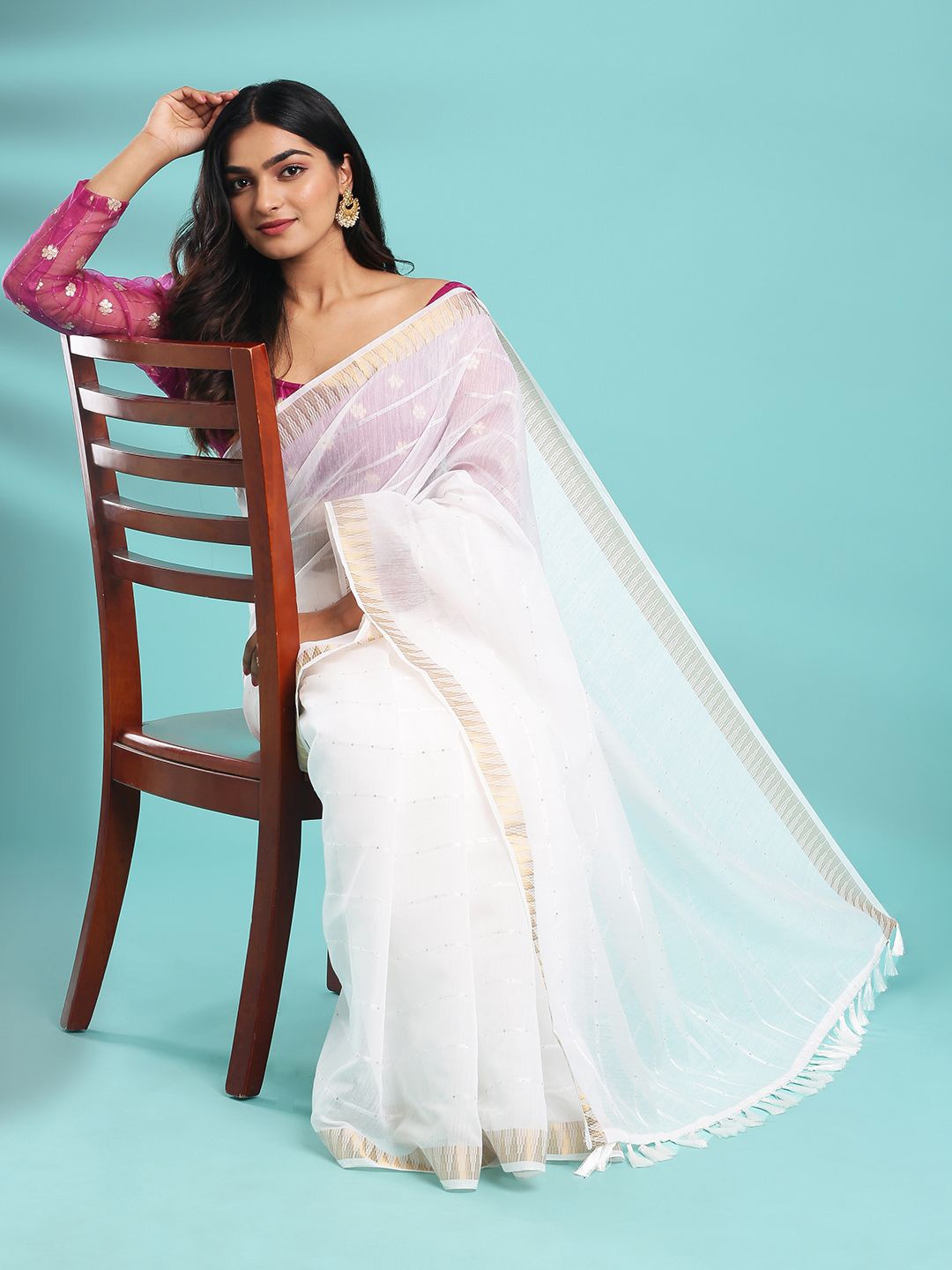 

Kalyan Silks Embellished Sequinned Tussar Saree, White