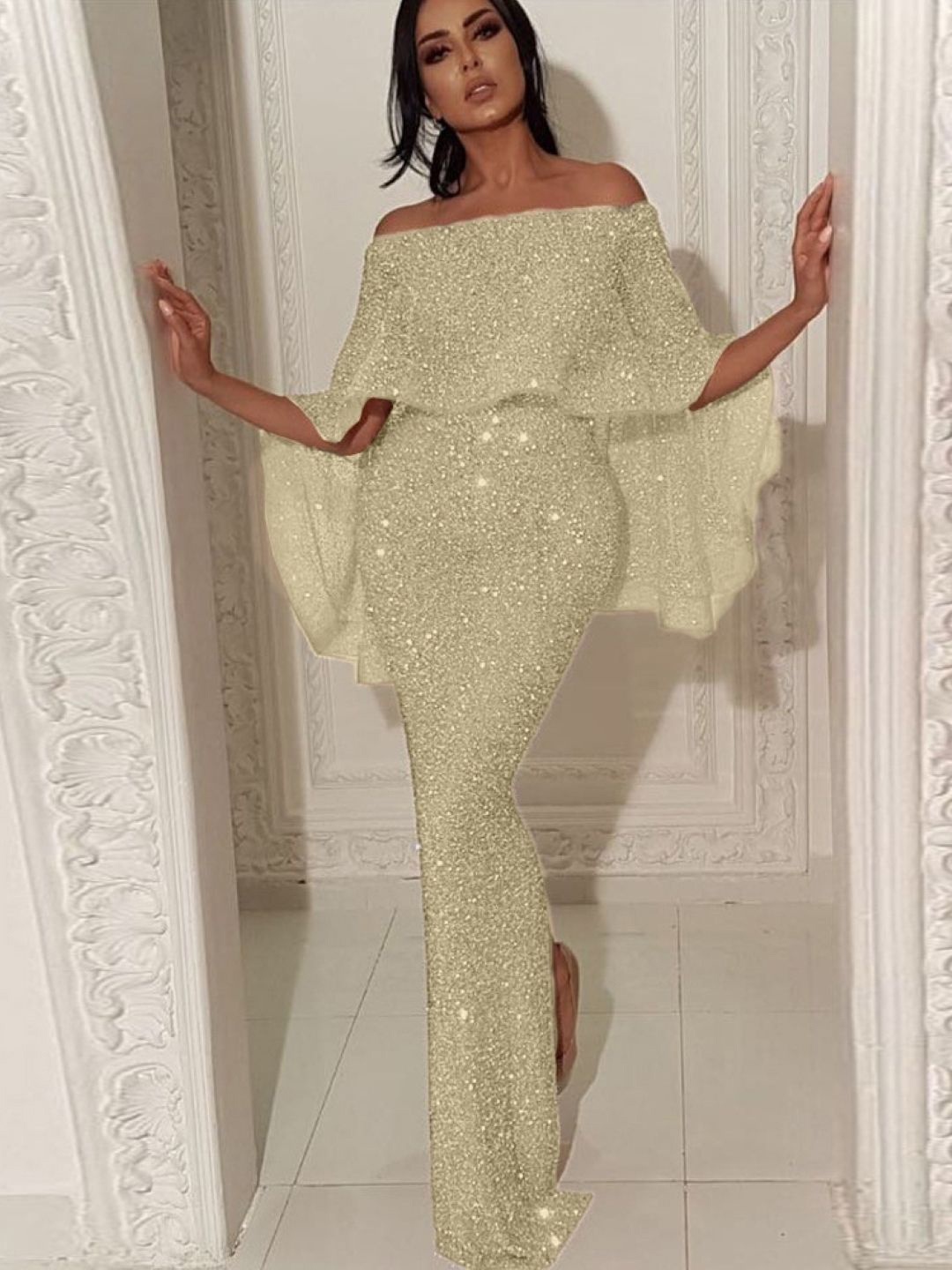 

StyleCast Women Off-Shoulder Batwing Sleeve Bodycon Maxi Dress, Cream