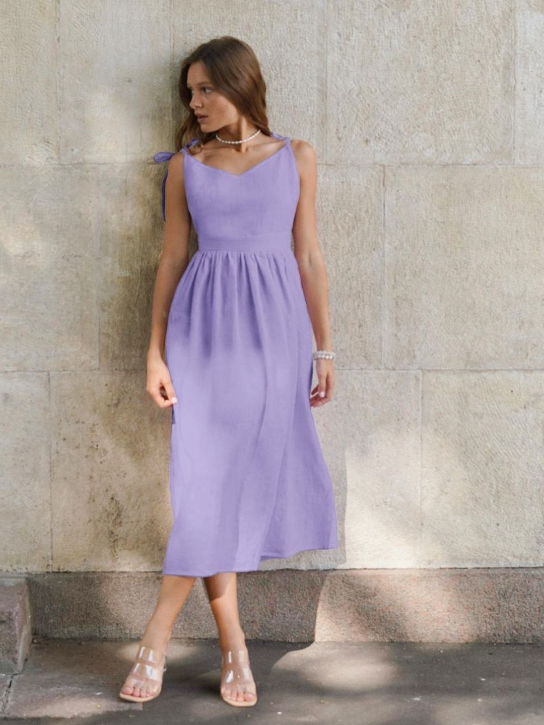

StyleCast Women Shoulder Straps Cotton Fit and Flare Midi Dress, Purple