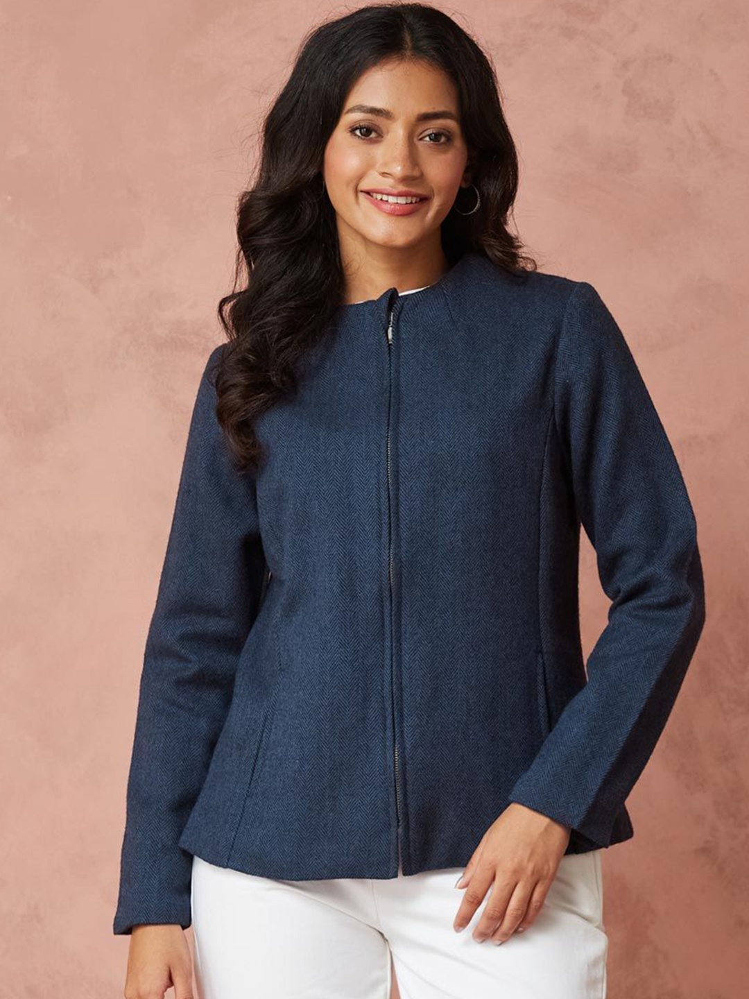

Fabindia Women Geometric Woollen Jacket, Blue