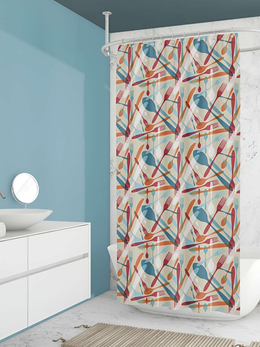 

ArtzFolio Cream & Blue Printed Waterproof Shower Curtains