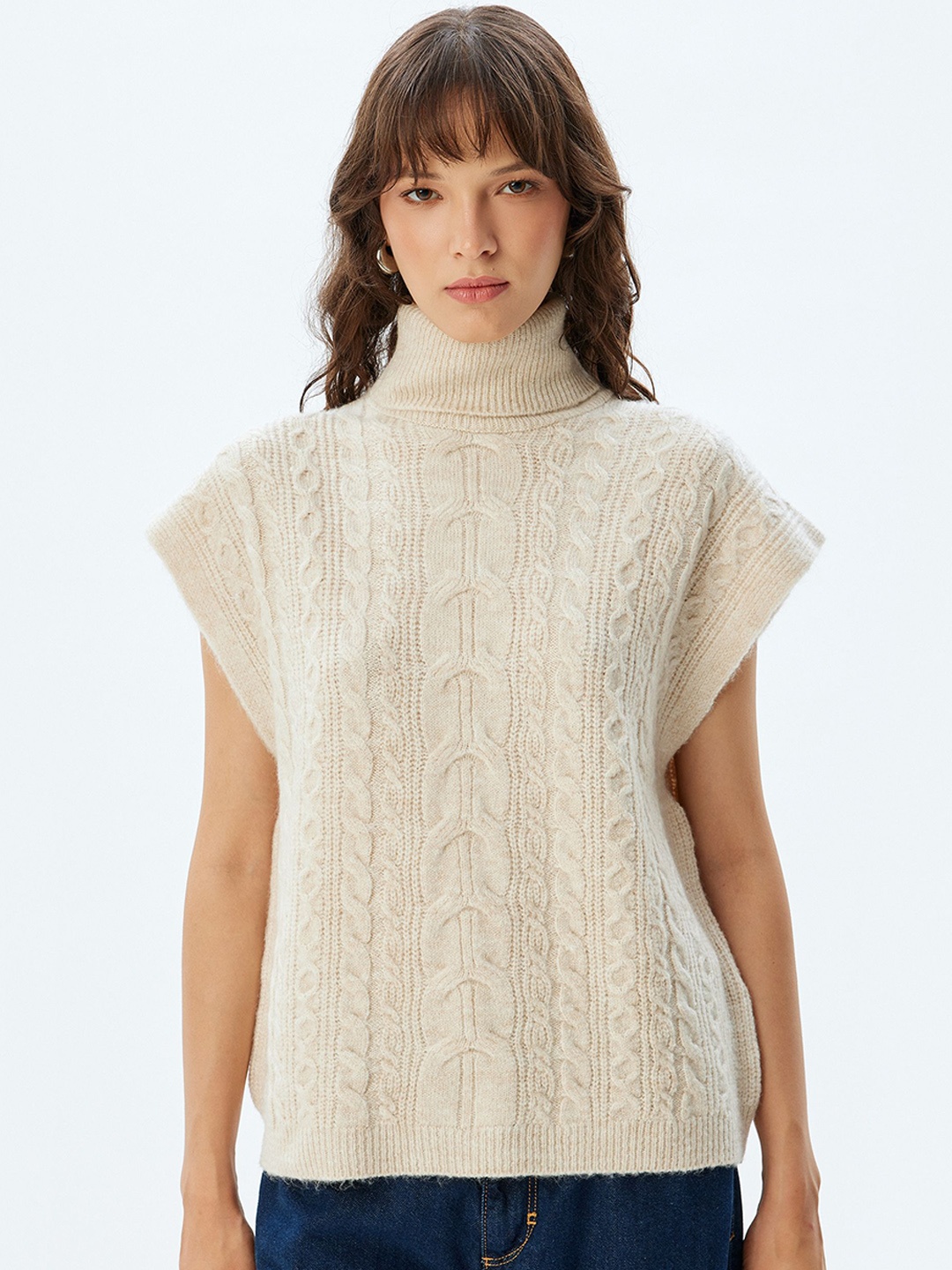

Koton Mock Collar Cable Knit Pullover Sweaters, Beige