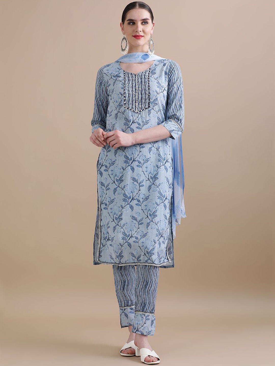 

Jaipur Kurti Blue Floral Printed Mirror Work Pure Cotton Kurta with Trouser & Dupatta